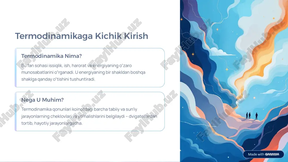 ng qanchalik "tarqoq" ekanligini ko»rsatadi. koinot yo»nalishi izolyatsiya qilingan tizimlarda entropiya hech qachon kamaymaydi; u doimo ko»payishga yoki eng yaxshi holatda o»zgarmas qolishga intiladi. jarayonlarning bir tomonlamaligi issiqlik o»z-o»zidan sovuqroq jismlardan issiqroq jismlarga o»tmaydi. bu qonun jarayonlarning "nega" sodir bo»lish yo»nalishini tushuntiradi. https://gamma.app/?utm_source=made-with-gamma ikkinchi qonunning kundalik hayotdagi ko»rinishlari issiqlik dvigatellari avtomobil dvigatellari va elektr stansiyalari ikkinchi qonun asosida ishlaydi. ular issiqlik energiyasini ishga aylantiradi, lekin bu konversiya hech qachon 100% samarali bo»lmaydi (har doim issiqlik yo»qotiladi). muzlatgichlar va konditsionerlar bu qurilmalar ish bajarish orqali issiqlikni sovuq joydan issiq joyga majburan ko»chiradi, shu bilan tartibsizlikni kamaytiradi (ichkarida), lekin umumiy entropiyani (tashqarida) oshiradi. sovuq kofe bir piyola issiq kofe xona haroratiga erishguncha sovuydi. bu, energiyaning tarqoq holatga o»tishiga intiladigan entropiya qonunining bevosita natijasidir. https://gamma.app/?utm_source=made-with-gamma uchinchi qonun: mutlaq nolga yaqinlashish nolga yaqinlashish tizim mutlaq nol haroratiga ($\text{0 kelvin}$ yoki $-273.15^\circ \text{c}$) yaqinlashganda, uning entropiyasi doimiy minimum qiymatga yaqinlashadi. entropiyaning cheklanishi ideal kristal moddaning …