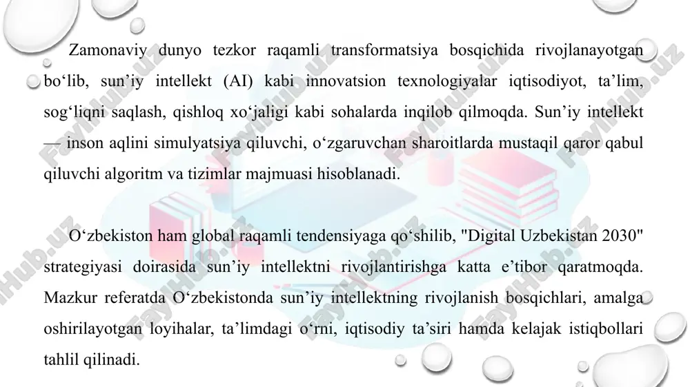 da"gi pf-101-sonli farmonni chiqardi. bu hujjat o‘zbekistonda ai ekotizimini yaratishning yuridik asosini belgilab berdi. 2023-yilda "sun’iy intellekt sohasini rivojlantirish bo‘yicha milliy strategiya (2023–2027)" qabul qilindi. strategiyaning asosiy maqsadlari: ai sohasida milliy kadrlar tayyorlash; davlat va xususiy sektorda ai loyihalarini joriy etish; xalqaro hamkorlikni kengaytirish; ai etikasi va huquqiy tartibga solishni ta’minlash. bundan tashqari, "digital uzbekistan 2030" strategiyasi ham ai ni raqamli iqtisodiyotning asosiy qurilish bloki sifatida ta’kidlaydi. amalga oshirilayotgan loyihalar ✅ “ai o‘zbekiston” markazi – ai bo‘yicha tadqiqotlar, kadrlar tayyorlash. ✅ “ziyonet” tizimi – ta’lim sohasida sun’iy intellekt yordamida test natijalari tahlili. ✅ sog‘liqni saqlashda ai – diagnostika, bemorlarni monitoring qilish. ✅ agroai – qishloq xo‘jaligida yer, ekin, ob-havo ma’lumotlarini tahlil qilish. ta’lim sohasida ai oliy ta’lim muassasalarida ai yo‘nalishlari ochilmoqda. tatu, wiut, it park hamkorligida ai mutaxassislari tayyorlanmoqda. kodlash, robototexnika, ma’lumotlar tahlili — maktablar darajasidan o‘qitilmoqda. davlat tamonidan qo’llab quvvatlash grantlar va startuplarga investitsiyalar – it park, innobar, digital …