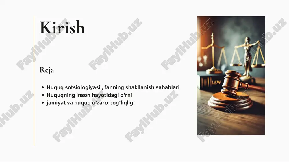 a’lim , mehnat , iqtisodiy yoki siyosiy sohada inson qanday munosabatda bo’lish kerakligini belgilaydi . shu orqali jamiyatda barqarorlik , tinchlik va muvozanat vujudga keladi jamiyat bilan bog’lovchi tizim sifatida huquq insonni jamiyat bilan bog’laydi , uni ijtimoiy hayotning faol ishtirokchisiga aylantiradi . huquqiy tizim yordamida inson o’z manfaatlarini bajarishi va ijtimoiy jarayonlarda ishtirok etishi mumkin bo’lado a a jamiyat o’sib , yangi iqtisodiy , siyosiy va madaniy jarayonlar paydo bo’lgani sari huquq ham o’zgaradi . masalan , yangi texnalogiyalar , inson huquqlari g’oyalari yoki global muammolar huquq tizimini yangilashga majbur qiladi . shu sababli huqu doimo jamiyatdagi real hayot bilan birga rivojlanadi huquq o’z navbatida jamiyatda tartib barqarorlik va adolatni ta’minlaydi . u odamlar o’rtasidagi munosabatlarni boshqaradi , huquq va majburiyatlar o’rtasida muvozanat yaratadi . agar jamiyatda huquq ishlamasa , tartibsizlik yuzaga keladi ; agar huquq jamiyatdan uzilsa , u kuchini yuqotadi . shu bois jamiyat va huquq bir- …