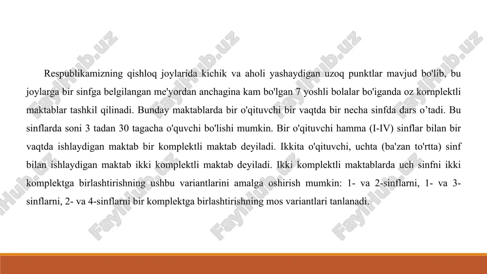i bilimlarni bilishdan tashqari, maksimal darajada kuch, sabot, uyushqoqlik, matonat, qat'iyatlikni talab qiladi. o'quvchilarning bir necha sinfga diqqat e'tiborini taqsimlashi juda qiyin. o'qituvchi bir sinf bilan darsning yarmi yoki 1/3 qismi davomida shug'ullanishga, darsning qolgan vaqtida o'quvchilar mustaqil ishlashiga to'g'ri keladi. o'quvchilar mustaqil ish bajarayotgan vaqtda o'qituvchi boshqa sinf bilan band bo'ladi. bir sinf o'quvchilari, ayni vaqtda o'qituvchi rahbarligida ishlayotgan boshqa sinf o'quvchilarining xalaqit berishiga qaramay, mustaqil ishlayverishlari kerak. oz komplektli maktablarda ishlashda o'qituvchi va o'quvchilar uchun bir qator qiyinchiliklar va noqulayliklar mavjud: oz komplektli maktablarning asosiy xususiyatlari kichik o'quvchi soni har bir sinfda 5-15 nafar o'quvchi bo'ladi, bu individual yondashuvga imkon beradi shaxsiy e'tibor ko'rsatish imkoniyati har bir o'quvchining ehtiyojlarini hisobga olish tezkor baholash va tuzatish ishlari bir nechta sinf birgalikda bitta o'qituvchi 2-3 ta sinfni bir vaqtda boshqaradi vaqtni samarali taqsimlash zaruriyati turli yosh guruhlari bilan ishlash mustaqil ish ko'nikmalarini rivojlantirish cheklangan resurslar texnik vositalar va o'quv materiallarining …