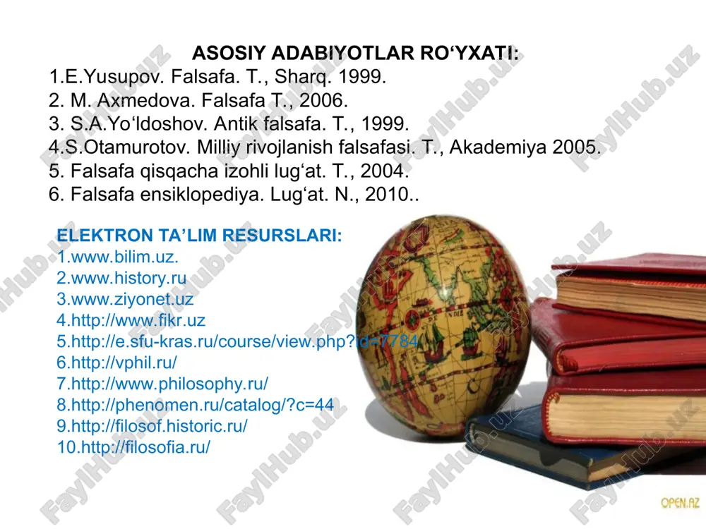 qiniga ko‘ra, faylasuflar edi. * falsafa qanday fan? falsafa – insoniyat tarixidagi eng qadimi fandir. falsafa – boliq va inson, tafakkur va taraqqiyot haqida ta’lim beruvchi universal fan sanaladi. falsafa - olam va uning yashashi, rivojlanishi va taraqqiyoti, hayot va inson, umrning mohiyati, borliq va yo‘qlik kabi ko‘plab muammolar haqida bahs yuritadigan. falsafa– inson, tafakkur, borliq va taraqqiyot, tafakkur va jamiyatning umumiy qonuniyatlari haqidagi fan. falsafa fanining predmeti falsafa fanining predmeti haqida qadimgi davrlardan turli qarashlar va bahslar davom etib keladi. shunday bo‘lsa-da bugungi kunda borliqni va undagi jarayonlarni keng ma’noda o‘rganish falsafaning predmeti sanaladi. ayrim faylasuflar falsafaning predmeti haqida bahs yuritar ekanlar, tafakkur borliq masalalari bilan faqat yuksak tafakkur egalari ya’ni mutafakkirlargina shug‘ullanishi kerakligini uqdirib kelganlar. qolganlar esa bu fan bilan shug‘ullanmasligi, uning o‘rniga biron kasb bilan shug‘ullanishini tavsiya qilganlar. * falsafaning yangi sohalari tabiyat falsafasi tanatalogiya huquq, fan, tarix, siyosat, din, sanat, ko’plab sohalar falsafa bilan bog’lanadi falsafa …