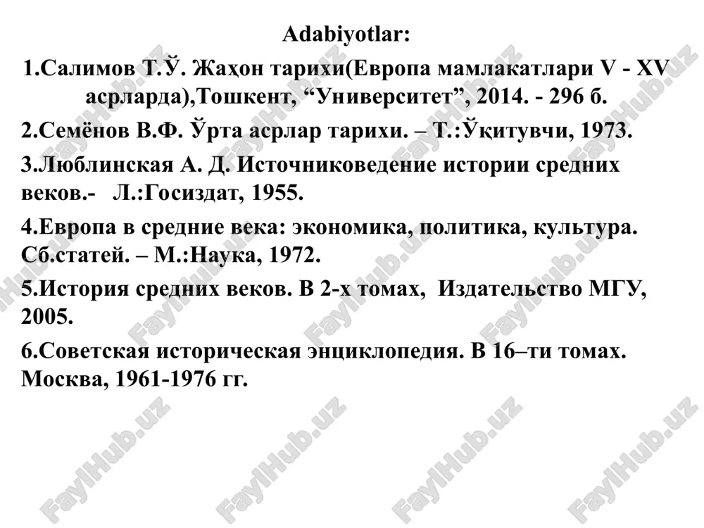 ‘rganadi. bu kurs v asrdan ya’ni rim quldorlik imperiyasining qulashidan to xv asrning 90 yillarida boshlangan buyuk geografik kashfiyotlargacha bo‘lgan davrni o‘z ichiga oladi. bu tuzum iqtisodiy va ijtimoiy-siyosiy hayotni yangi shakllarini vujudga kelishi va rivojlanishi, ilgarigi tarixiy davrlarga nisbatan, moddiy va ma’naviy madaniyatni rivojlanishidagi ma’lum davrdagi ilgari siljish bilan ajralib turadi. feodal zulm, dogmatik dunyoqarashni xukmronligi va o‘zgacha fikrlashni qattiq ta’qib etishini ko‘rinishi bilan bir qatorda o‘rta asrlar kishilik xotirasida xalq ommasini zulmga qarshi kurashishini, chet el bosqinchilariga qarshi vatanparvarlik harakatlarini ham qoldirdi. jahon madaniyati xazinasiga bu davr yozuvchi, shoir va ustalarini buyuk asarlarini kiritish mumkin. «o‘rta asrlar» termini (aniqrog‘i o‘rta asr) lotincha medium aevum italiyada xv-xvi asrlarda tarixchi-gumanistlar doirasida vujudga keldi, ular ham buni o‘z navbatida gumanist-filologlardan olganlar, gumanist-filologlar lotin tilini qadimgi, o‘rta va yangi (renessans yoki uygonish davri — yangi davr deb atalgan) til deb, uchga bo‘lganlar. bu terminologiya xviii asrda uzil-kesil qaror topdi. masalan, xv-asrda yashagan …