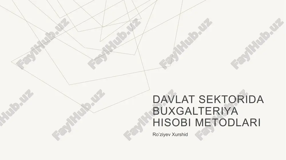 uqlari va yo‘riqnomalari. davlat sektori uchun buxgalteriya hisobi milliy standartlari (dsbmhs) – 2020 yildan boshlab bosqichma-bosqich joriy etilmoqda. xalqaro davlat sektori buxgalteriya standartlari (ipsas) – o‘zbekiston milliy standartlari ular asosida ishlab chiqilgan. 20gg nabor slaydov dlya prezentatsii 5 davlat sektori buxgalteriya hisobi metodlari davlat tashkilotlari buxgalteriya hisobi quyidagi asosiy metodlarga tayangan holda yuritiladi: 1. hujjatlashtirish (dastlabki hisobga olish) metodi har bir xo‘jalik operatsiyasi birlamchi hujjat asosida qayd etiladi. masalan: kassa kirim orderi, hisob-faktura, qabul-topshirish dalolatnomasi va h.k. maqsad – barcha moliyaviy harakatlarni hujjatlar orqali asoslash. 2. ikki yoqlama yozuv metodi har bir xo‘jalik operatsiyasi ikkita schyotda (debet va kredit) aks ettiriladi. bu usul hisobning to‘liqligi va tekshiriluvchanligini ta’minlaydi. 3. baholash metodi aktivlar va majburiyatlar pul ifodasida baholanadi. asosan dastlabki qiymat, qoldiq qiymat, yoki bozor qiymati asosida hisobga olinadi. davlat sektori tashkilotlarida ko‘pincha dastlabki qiymat (xarid narxi) asosiy hisobdir. 4. inventarizatsiya metodi mulk, mablag‘lar, qarz va majburiyatlarning haqiqiy holatini aniqlash uchun …