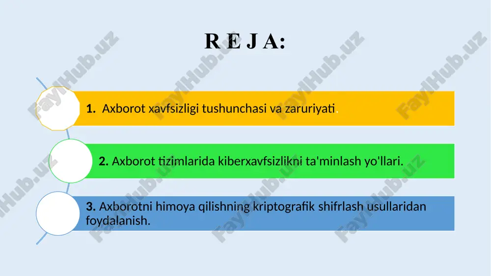 borotni himoya qilishning eng ishonchli texnik usuli kriptotizimlardan foydalanishga asoslangan. kriptotizimga quyidagilar kiradi: shifirlash asoslari; kalitlar to‘plami shifrlash uchun ishlatiladi ikkilik sonlar ketma-ketligi, ispolzuemix dlya shifrovaniya; kalitlarni boshqarish tizimi. kriptografiya va shifrlashni strukturasi simmetrik shifirlash assimmetrik shifirlash kiberxavfsizlik nima? bu internetga ulangan tizimlarni (apparat, dasturiy ta'minot va ma'lumotlar) kiber tahdidlardan himoya qilishdir. ilova tasodifiy kalit bilan shifrlangan uri va biriktirish kaliti bilan 2-foydalanuvchi uchun imzolangan va shifrlangan xabar. apnlar ochiq kalit va foydalanuvchi 2 uchun qurilma tokeni foydalanuvchi 1 uchun ochiq kalit va qurilma tokeni apnlari muammoli vaziyat ular yaqinda kichik kiberxavfsizlik tahdidiga duch kelishdi. shuning uchun kompaniya kiberxavfsizlikni yaxshilashga intilmoqda va kiberxavfsizlik bo'yicha mutaxassis qidirmoqda. prociber “yangi zamon”ni tanlash va yordam berish uchun boshqa firmalar bilan raqobatlashadi. siz muhokama uchun kiberxavfsizlik tahdidlarini yumshatish bo'yicha ikkita taklifni taqdim etayotgan prociber jamoasining bir qismisiz. sizning vazifangiz quyidagilarni aniqlashdir: muxokama uchun savollar: “yangi zamon” kiberrisk muammosi haqida qanday fikrdasiz va birinchi navbatda …