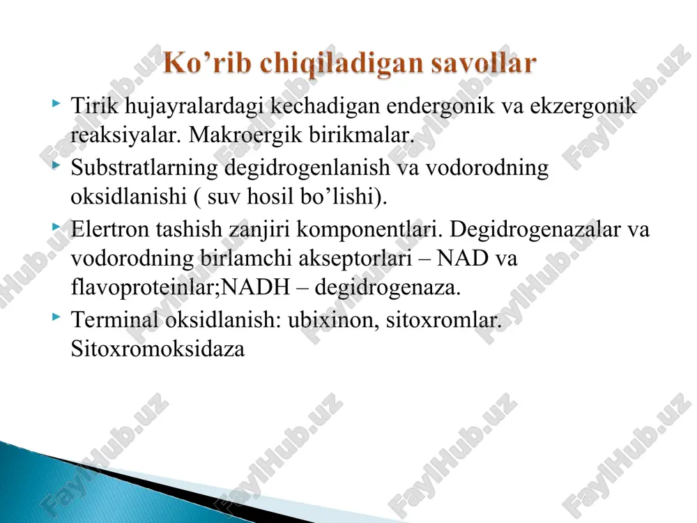 : atf molekulasida 3 ta fosfat qoldig’i va 2 ta angidrid bog'lari mavjud, shu sababli atf molekulasining dumchasida konformatsion taranglik kuzatiladi, elektrostatik itaruv kuchlar hosil bo'ladi va atf fosfat molekulasini beradi. 3chi: buning natijasida u o'ziga qulay va turg'un bo'lgan adf + hpo4-2 + h+ holatga o'tadi. organizmda kechuvchi barcha oksidlanish reaksiyalarini 2 turga bo'lish mumkin: 1) substratlarning degidrogenlanish reaktsiyalari vodorod akseptori sifatida kisloroddan foydalanuvchi reaksiyalar vodorod akseptori sifatida turli metabolitlardan foydalanuvchi reaktsiyalar (glikoliz davridagi piruvat) 2) substratga kislorodning birikishi bilan boruvchi reaktsiyalar dioksigenazalar – moddaga kislorod molekulasining har ikki atomi bog’lanadi masalan: gomogentizin kislotasi dioksigenazasi monooksigenazalar – moddaga kislorod molekulasidagi bitta atom bog’lanadi. masalan: fenilalanindan tirozin sintezi biologik oksidlanish yoki to'qima nafas olishi deb - to'qimalarda organik moddalarni kislorod ishtirokida parachalanishi va karbonat angidridini ajralishiga aytiladi. bunday oksidlanish jarayonida energiya ajralib chiqadi va o'z tabiatiga ko'ra ekzoergonik jarayon hisoblanadi. moxiyatiga ko'ra biologik oksidlanish va yonish bir xil jarayondir, chunki …