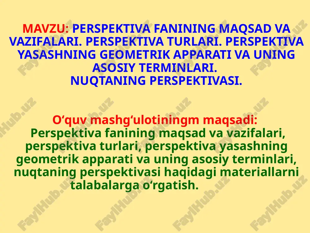 anday ko‘rsak, shunday tasvirlashga yordam beradi. 1-savol. perspektiva fanining maqsad va vazifalari. perspektiva turlari. perspektiva turlari. perspektiva rassomlar amaliyotida rasm tuzilishini to‘g‘ri bajarish, arxitekturada qurilayotgan binoning kompozitsiyasini loyiha bosqichida tekshirib, unga tuzatishlar kiritish, aerofotogeodeziyada yuqoridan olingan suratlar orqali obyekt o‘lchamlarini aniqlash, kriminalistikada avvaldan harakatda bo‘lib to‘qnashgan mexanizmlarning harakatini tiklash uchun, shuningdek, optika va boshqa sohalarda ishlatiladi. perspektiva ishlatilish joyi va qanday sirt ustida bajarilishiga qarab quyidagi turlarga bo‘linadi: 1. kuzatish perspektivasi. bunda obyekt qanday ko‘rinsa, xuddi shunday tasvirlash qoidalari o‘rganiladi. 2. havoiy perspektiva. bunda narsa tasviri uning yoritilish kuchiga qarab ranglarda tasvirlanadi. fazoning chuqurligi va kengligi rang orqali ifodalanadi. 3. analitik perspektiva. bunda narsaning tasviri grafik-analitik, ya’ni nuqtalar o‘mini hisoblash orqali bajariladi. 1-savol. perspektiva fanining maqsad va vazifalari. perspektiva turlari. 4. geometrik perspektiva. geometrik perspektiva perspektiv tasvir yasashning asosi bo‘lib, u tasvir yasaladigan sirt turiga ko‘ra quyidagi turlarga bo‘linadi: 4.1. chiziqli perspektiva. bunda narsaning tasviri gorizontal tekislikka nisbatan vertikal va …