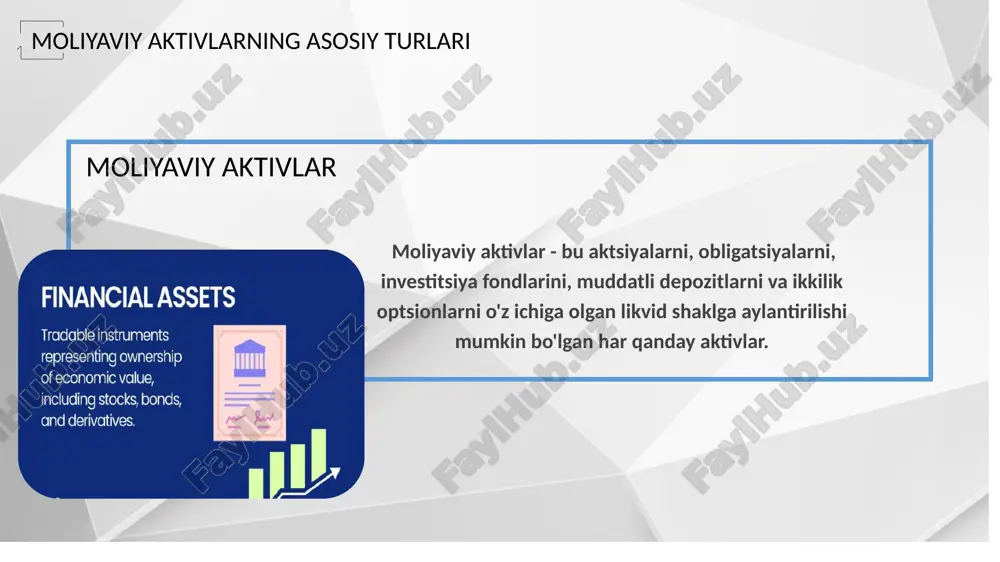 lar moliyaviy aktivlar likvidlikni taklif qiluvchi aktsiyalar, obligatsiyalar, investitsiya fondlari, muddatli depozitlar va ikkilik opsionlarni o'z ichiga oladi. ular er va tovar kabi jismoniy aktivlardan farq qiladi, chunki ular jismoniy shaklga ega bo'lmasligi mumkin. moliyaviy aktivlarga egalik ularni sotib olish va sotish huquqini beradi, boylik to'planishiga yordam beradi. turlarga naqd pullar, aktsiyalar, obligatsiyalar, obligatsiyalar, debitorlik qarzlari va boshqa qimmatli qog'ozlar kiradi, ularning har biri o'ziga xos xususiyat va risklarga ega. moliyaviy aktivlarning asosiy turlari moliyaviy aktivlar haqida bir necha faktlar moliyaviy aktivlar moddiy yoki nomoddiy bo'lishi mumkin. moliyaviy aktivlarning mavjudligi talab va taklif omillariga bog'liq. ular treyderlar foyda oladimi yoki yo'qligini aniqlab beruvchi ma'lum darajada xavf tug'diradi. moliyaviy aktivlarning qiymati to'liq shartnomaviy da'voga bog'liq. agar sizda moliyaviy aktiv bo'lsa, siz aktiv egasisiz. siz ushbu aktivni sotib olish va sotish huquqiga egasiz. moliyaviy aktivlarning asosiy turlari moliyaviy aktivlarning ijobiy va salbiy tomonlari moliyaviy aktivlar likvidlik, foyda olish potentsiali va investitsiyalarning yuqori …