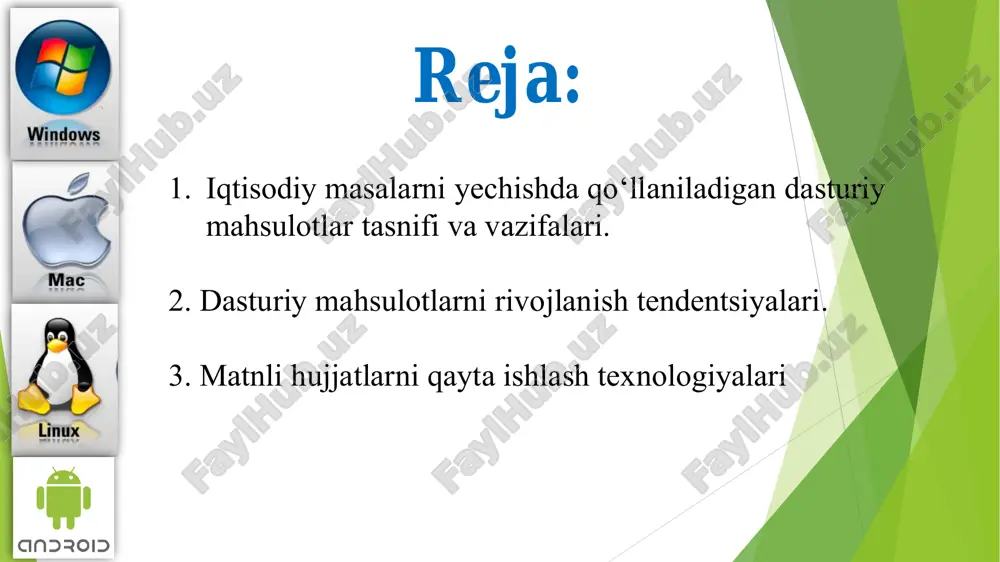 . amaliy dasturiy ta`minot (adt) - funktsional muammolarni hal qilish uchun dasturiy vositalar bo'lib xizmat qiladi va dasturiy mahsulotlarning eng ko'p sonli sinfidir. ushbu sinfga turli mavzulardagi ma'lumotlarni qayta ishlaydigan dasturiy mahsulotlar kiradi. dasturlash texnologiyalari bo'yicha vositalar to'plami dasturiy ta'minotni ishlab chiqish jarayonini ta'minlaydi va ishlab chiquvchi vositalar bo'lgan maxsus dasturiy mahsulotlarni o'z ichiga oladi tizimli dasturiy ta`minot bazaviy dasturiy ta`minot servisliy dasturiy ta`minot operatsion tizim kompyuterning ishlash qobilyatini diagnostika qilish dasturlar . virusga qarshi dasturlar disklarga xizmat ko`rsatuvchi fayllar ma'lumotlarni arxivga joylashtirish fayllari. tarmoqqa xizmat ko`rsatish fayllari . operatsion qobiq tarmoqli operatsion tizim servisli dasturiy ta'minot - bazaviy dasturiy ta'minotning imkoniyatlarini oshiruvchi va foydalanuvchiga qulayroq ish muhitini tashkil qiluvchi dasturlar va dasturiy majmualardir bazaviy dasturiy ta'minot (base software)- kompyuterini ishlashini ta'minlovchi dasturiy vositalarning eng kichik majmuasidir. • foydalanuvchi dasturlarining bajarilishini boshqarish, kompyuter resurslarini rejalashtirish va boshqarish uchun mo'ljallangan. operatsion tizim • tarmoqdagi ma'lumotlarni qayta ishlash, uzatish va saqlashni ta'minlaydigan …