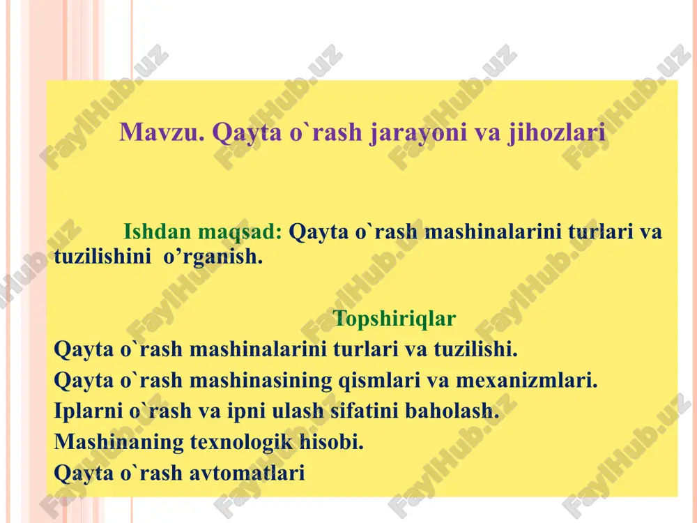 n miqdordan ortiq chiqindiga chiqdirmaslik; so’nggi o’tim mashinalari unumdorligini yuqori bo’lishini ta`minlash; ipning zarur mexanik xossalaridan pishiqligi, qayishqoqligini saqlab qolishga erishish kerak; 1. krestsimon o’ram (tsilindr yoki konus shaklida) hosil qiluvchi 2. paralel ram (tsilindr yoki bochkasimon) hosil qiluvchi yuritmalarning turiga qarab qayta o’rash mashinalari friktsion va o’qli yuritmali bo’ladi. ipni taxlash mexanizmlarining tuzilishi bo’yicha qayta o’rash mashinalari 2 guruhga bo’linadi:-vintsimon ariqchasi bo’lgan tsilindr barabanli va –ilgarilanma-qaytma harakatlanuvchi ip taxlagichli. quyidagi qayta o’rash mashinalari rossiya davlatida ishlab chiqarilgan: m-2m, mt-2m, mm-2m, mls-2m(mtm-2), bp-240. qayta o’rash dastgohining turlari m-2m- naychaga o’ralgan paxta, jun va ularning kimyoviy tolalar bilan aralashmasidan yigirilgan iplarni bobinaga krestsimon o’ram shaklida qayta o’rab berish uchun mo’ljallangan. mt-2m- naychaga o’ralgan paxta, jun va ularning kimyoviy tolalar bilan aralashmasidan yigirilgan iplarni bobinaga krestsimon o’ram shaklida qayta o’rab berish va parafinlash uchun mo’ljallangan. mm-2m-xo’l usulda yigirilgan zig’ir ipini yumshoq o’ramli tsilindrisimon bobina shaklida qayta o’rab berish uchun ishlatiladi. bu bobina …