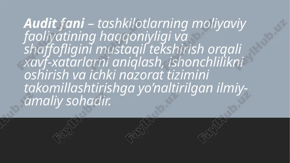 ditorlik faoliyatini tartibga solishning samarali tashkiliy-huquqiy mexanizmini yaratishni nazarda tutadi. 02.03.2025 auditorlik xizmatlar bozori auditorlik tashkilotlar soni 148ta shulardan 19tasi xalqaro tarmoq va assosiasiyalarning a’zosi hisoblanadi va shu bilan birga ushbu auditorlik tashkilotlarida 1358dan ortiq malakali auditorlar faoliyat yuritadilar. 02.03.2025 talablar sertifikat olish uchun talabgor oliy ma'lumotga hamda oliy ta'lim tashkilotini tamomlaganidan keyin oxirgi o'n yildan kamida uch yil buxgalteriya hisobi va audit sohasida yoki oliy ta'lim tashkilotida «buxgalteriya hisobi» yoxud «audit» fanidan dars berish sohasida ish stajiga (shu jumladan o'rindoshlik asosida) ega bo'lishi kerak. «buxgalteriya hisobi» va «audit» ixtisosliklari bo'yicha magistr diplomiga ega bo'lgan talabgor uchun auditorlik tashkilotida kamida bir yillik ish staji (shu jumladan o'rindoshlik asosida) talab qilinadi 02.03.2025 oʻzbekiston respublikasida auditor malaka sertifikatini olish uchun nomzodlar maxsus malaka imtihonini topshirishlari lozim. ushbu imtihon jarayoni va unga qoʻyiladigan talablar quyidagicha: 1. hujjatlarni topshirish: • nomzodlar quyidagi hujjatlarni taqdim etishlari kerak: • ariza; • pasport nusxasi; • oliy iqtisodiy …