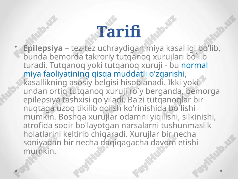 an xurujlarning quyidagi shakllari bor: tonik-klonik xurujlar absanslar (ongning qisqa vaqt mobaynida o`chib qolishi) aralash shakllar. epilepsiya belgilari qo'l va oyoqlarning qaltirashi yoki taranglashishi; qisqa vaqt davomida shovqin yoki so'zlarga javob reaksiyasi yo'qligi; nafas olishning qiyinlishuvi yoki nafas olishdan to'xtash; beixtiyor peshob va axlat chiqarish; kipriklarni tez-tez pirpiratish, bir nuqtaga tikilib qolish, ko`zini yuqoriga qaratish tutqanoq xuruji qanday boshlanadi? tutqanoq xuruji to‘satdan boshlanadi. xuruj boshlanganda bemorning yuzi va oyoq qo‘llari bir tomondan tortisha boshlaydi va bemor g‘ujanak bo‘lib yotib oladi. nafas olish qisqa vaqtga to‘xtaydi va bemorning rangi ko‘karib ketadi. bu paytda u qichqirib yuboradi, tilini tishlab oladi. bemorning barcha muskullari qotib qoladi (tonik bosqich). bu davr o‘rtacha 1 daqiqa davom etadi. ba’zida 30 soniyadan oshmaydi. keyin xurujlarning titroqli davri (klonik bosqichi) boshlanadi. bunda bosh va oyoq-qo‘llar titray boshlaydi. aura aura – bu epilepsiya xabarchisi. xurujlar boshlanishiga bir necha soat qolganda, ba’zan esa bir-ikki kun oldin bemorning uyqusi qochadi, xavotir …