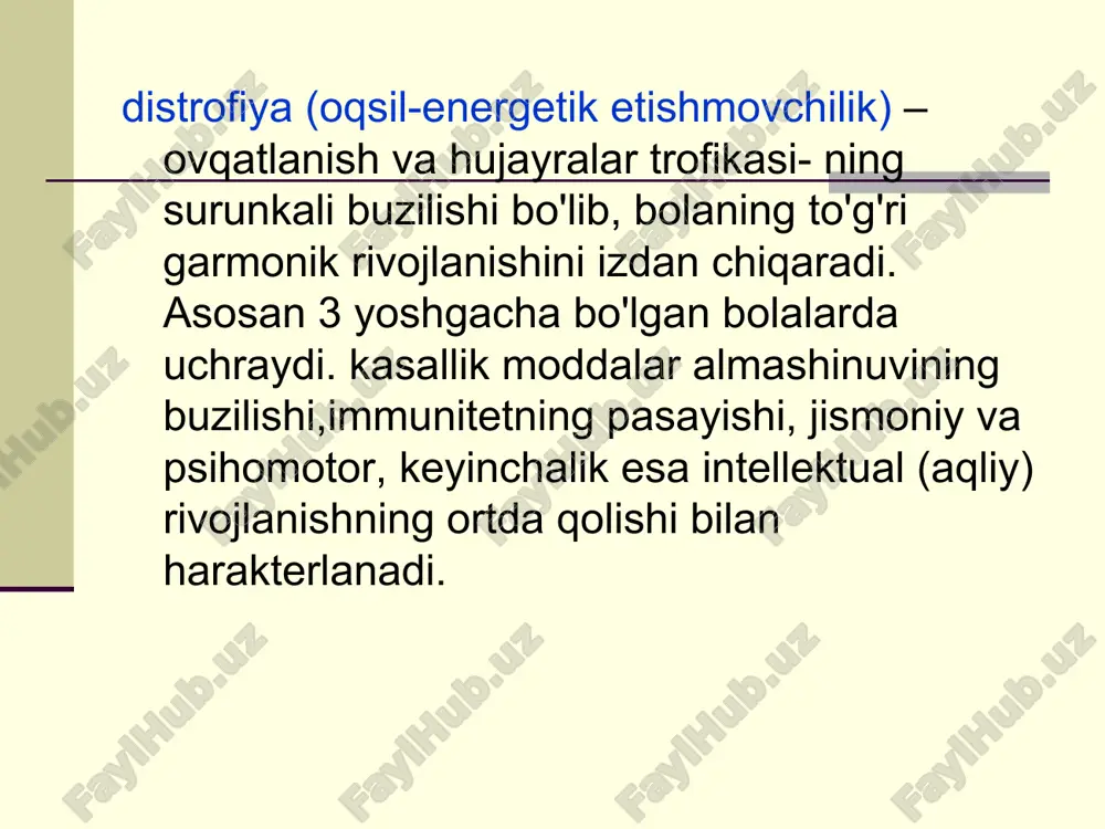 istrofiyaning endogen etiologik omillari: rivojlanish nuqsonlari va hromosom kasalliklar; enzimopatiyalar va malabsorbtsiya sindromi (birlamchi va ikkilamchi); konstitutsiya anomaliyalari; immunotanqis holatlar. oqsil-energetik etishmovchilik patogenezi prenatal distrofiya rivojlanishida asosiy o'rinni mns trofik funktsiyasining buzilishiga olib keluvchi bachadon-yo'ldosh qon aylanishining o'zgarishi va homila gipoksiyasi o'ynaydi postnatal oee patogenezida uning kelib chiqishidan qat'iy nazar ovqatlanishning buzilishi va bosh miya po'stlog'ida qo'zg'olish jarayonining pasayishi yotadi. prenatal distrofiyaning klinik variantlari nevropatik shakli: tana vazni tug'ilganda normal yoki bir oz kam, bo'yi o'zgarishsiz. psihomotor rivojlanishi yoshiga mos. boladagi negativizm, qo'zg'aluvchanlik, uyquning buzilishi, ta'mning va ishtahaning buzilishi e'tiborlidir. neyrodistrofik shakli: tug'ilganda tana vazni va bo'yining normadan kamligi harakterli, mns tormozlanish jarayoni ustunlik qiladi, psihomotor rivojlanishda bir oz orqada qolishi, avj olib boruvchi anoreksiya. neyroendokrin shakli: tug'ilgandan tana vazni va bo'yining sezilarli kamligi (nanizm), jismoniy va psihomotor rivojlanishdan ortda qolish; ko'pincha tug'ma dizembriogenez nuqsonlari kuzatiladi. entsefalopatik shakli bolaning jismoniy va psihomotor rivojlanishda juda ham ortda qolishi, mikrotsefaliya, bosh miyaning …