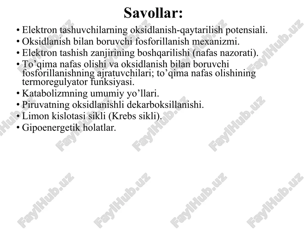 rdan iborat. digidrolipoiltransatsetilaza (e2-dlat) ikkinchi ferment digidrolipoiltransatsetilaza yoki lipoatatsetiltransferaza, massasi 52.000 ga teng bulgan bitta zanjirdan iborat bu ferment lipoat kislota koldigi bilan boglangan. digidrolipoatdegidrogenaza (e3-dldg) qaytarilgan digidrolipoiltransatsetilaza uchinchi ferment digidrolipoatdegidrogenazaning ichki disulfidi bilan boglanib oksidlanadi. digidrolipoatdegidrogenaza fermentining molekulyar massasi-100.000 ga teng. bu fermentning disulfid (hs-sh) gruppasi oqsil bilan birikkan fad molekulasini qaytaradi, u esa uz navbatida nad ta’sirida oksidlanadi. reaktsiyalarning ketma-ketligi. pirouzum kislota glyukoza, glitserin va ayrim aminokislotalarni uziga xos katabolizm yuli bilan xosil buladi. xujayralarda pirouzum kislotasi oksidlanish yuli bilan dekarboksillanib atsetil-koa, co2, n2o ga parchalanadi. bu murakkab jarayonning umumiy sxematik yozilishi kuidagicha: reaktsiyalar birinchi reaktsiya e1 tomonidan katalizlanadi; substrat e2 prostetik guruhi bo'lgan piruvat va degidrolipoil kislotadir. piruvatdan karboksil guruhi ajralib chiqadi va hosil bo'lgan co2 va asetil qoldig'i asetiltransferaza tarkibidagi lipoil kislotaning oltingugurt atomi bilan birikadi. asetillipoat-e2 hosil bo'ladi. yani pirouzum kislota tpf (tiaminopirofosfat) bilan birikib, uning aktiv shakliga aylanadi. yani aktivlangan pirouzum kislota koferment lipoat …