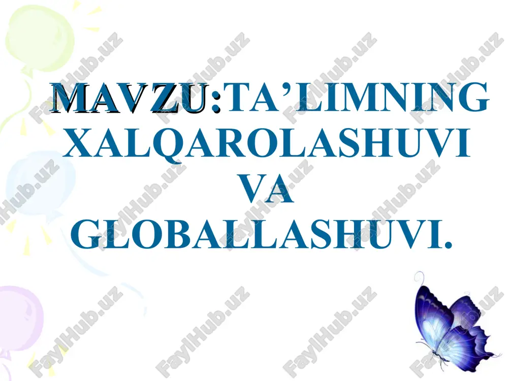 sh bosqichlaridan biri deb hisoblaydilar. iqtisodchilar bu jarayonni moliya bozorlarining transmilliylashuvidan ekanligini taʼkidlab kelishmoqda. siyosatshunoslar demokratik tashkilotlarning keng tarqalishiga urgʻu berishadi. madaniyatshunoslar globallashuvning namoyon boʻlishini madaniyatning gʻarbiylashuvi, jumladan, amerika iqtisodiy ekspansiyasi bilan bogʻlashadi. globallashuv jarayonlarini tushuntirishda axborot texnologiyalari yondashuvlari mavjud. siyosiy, iqtisodiy va ijtimoiy-madaniy globallashuv bir-biridan farq qiladi. mintaqaviylashtirish globallashuv subyekti boʻlib, texnologik va iqtisodiy rivojlanishning jahon qutblarini shakllantirishda kuchli kumulyativ samara beradi. globallashuv, raqamlashtirish va jamiyatlarning o‘zaro bog‘liqligi kuchayib borayotgan davrda oliy o‘quv yurtlari (otm) talabalarni tez o‘zgarib borayotgan dunyoda rivojlanishga tayyorlash bo‘yicha rivojlanayotgan muammoga duch kelmoqda. oliy taʼlimning xalqarolashuvi ushbu muammoga hal qiluvchi javob boʻlib, talabalarni globallashgan va madaniy jihatdan xilma-xil muhitda muvaffaqiyatga erishish uchun zarur boʻlgan bilim, koʻnikma va madaniy kompetensiyalar bilan qurollantirishga qaratilgan. xalqarolashtirish xalqaro talabalarni yollash, professor-o‘qituvchilar almashinuvi dasturlari va global ilmiy hamkorlikni o‘z ichiga olgan bir qator tadbirlarni o‘z ichiga olgan bo‘lsa-da, uning haqiqiy ta’siri oliy o‘quv yurtlarining pedagogik kontekstida eng chuqur seziladi. so‘ngi …