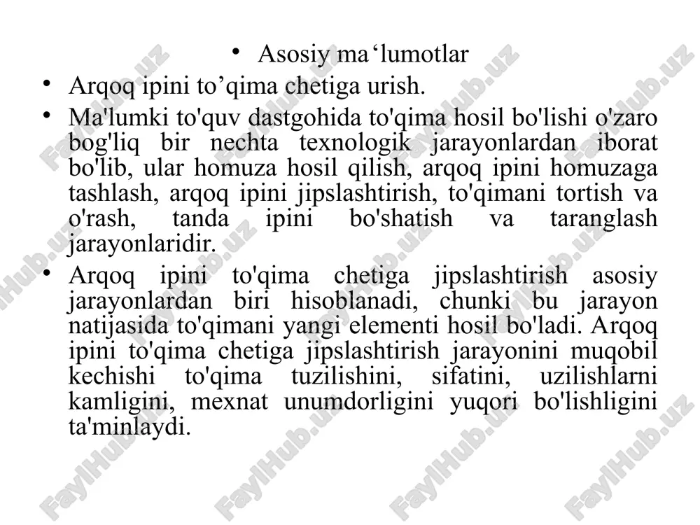 a va rotatsion bo'lishi mumkin. 2. sektsiyali jipslashtirish -arqoq ipi to'qima chetiga alohida qismlar bo'yicha jipslashtiriladi. bu usul asosan sektsiyali to'quv dastgohlarida qo'llaniladi. 3. nuqtali jipslashtirish - arqoq ipi to'qima chetiga maxsus moslama yordamida jipslashtiriladi va bu usul ko'p xomuzali to'quv dastgohlarida qo'llaniladi. batan mexanizmlariga quyidagi talablar qo'yiladi: − tanda iplarini tig' bilan ishqalanishidan shikastlanishi kamroq bo'lishi uchun batan mexanizmining harakat yo'li muqobil bo'lishi kerak; − arqoq ipini jipslashtirish keskin emas balki bir me'yorda kechishi kerak; − batan mexanizmini og'irligi etarli darajada muqobil bo'lishi bilan birga barcha texnologik va texnik jarayonlarni bajarishga etarli bo'lishi kerak; − mexanizm pishiq, tuzilishi jihatidan sodda,yuxizmat ko'rstish tomonidan qulay va ishchilar uchun xavfsiz bo'lishi kerak. to’quv dastgoxidagi batan mexanizmi quyidagi vazifalarni bajaradi 1.moki bir qutidan,ikkinchi qutiga uchib o’tayotganda uni yo’naltiruvchi vazifasini. 2.moki qutiga kirganda uni to’xtatish uchun tormoz vazifasini. 3.arqoq ipi to’qima chetiga urilganda mokini qutida saqlab qoluvchi vazifasini. 4.to’qilayotgan to’qimaning berdo tig’lari yordamida taxtlash …