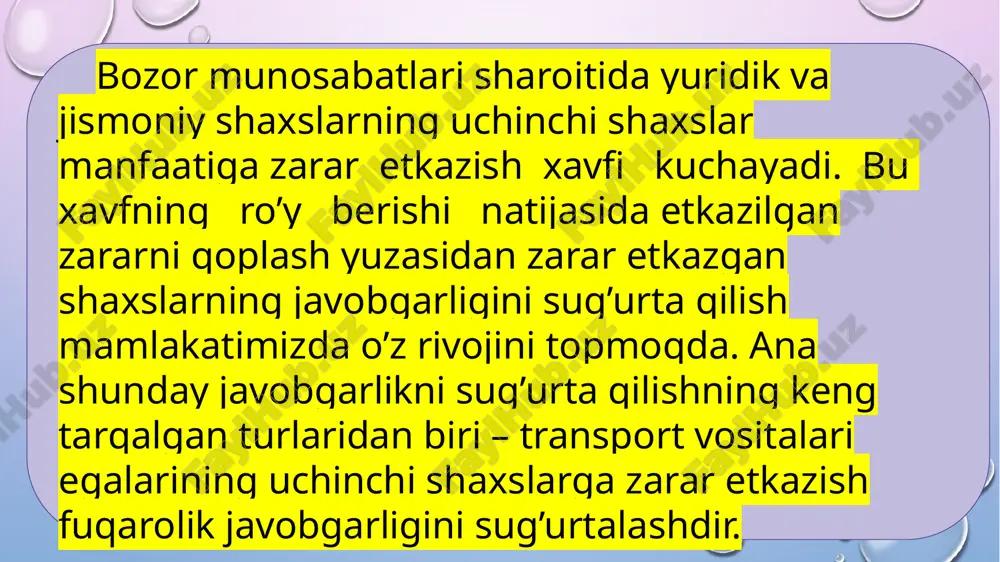 ta kompaniyalariga ma’lum bir ma’noda aniq vazifalarni yuklashi tabiiy albatta. shuni alohida ta’kidlab o’tish joizki, respublikamiz xududida engil avtomobillar sonining keskin ravishda o’sib borishi jamiyatimiz va uning vakillari uchun foydali hisoblanadi. transport vositalari egalarining fuqarolik javobgarligini majburiy sug’urtalashda jabrlanuvchining mulkiga zarar etganda eng ko’pi bilan $1050, jabrlanuvchining sog’lig’i yoki hayotiga zarar etganda esa eng ko’pi bilan $1950 miqdordagi mablag’ni ko’zda tutadi. sug’urta qoplamasi sug’urtalovchi tomonidan bevosita jabrlanuvchiga etkazilgan zarar miqdorida, lekin yuqorida qayd etilgan qiymatdan ortiq bo’lmagan miqdorda to’lanadi. transport vositalari egalarining fuqarolik javobgarligini majburiy sug’urtalashda sug’urta polisi qiymati birinchi navbatda transport vositasining turi va quvvatiga bog’liq (yillik baza stavkasi). masalan, engil avomobil dvigatelining hajmi, avtobus va mikroavtobusning yo’lovchi sig’imi, yuk avtomobilining yuk ko’tarish qobiliyati qanchalik katta bo’lsa, polis narxi ham shuncha yuqori bo’ladi. keyin quyidagilarga ko’ra sug’urta polisi narxini orttiruvchi va pasaytiruvchi koeffitsentlar qo’llaniladi: - transport vositasi ro’yxatga olingan joy; - transport vositasini boshqarishga ruxsat etilgan shaxslar soni; - …
