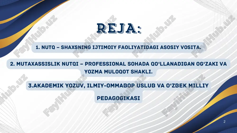 siya sharoitida yoshlarni milliylik va umuminsoniy qadriyatlarga hurmat ruhida tarbiyalaydi. 10 xulosa > mutaxassislik nutqi – professional faoliyatning ajralmas qismi. > akademik yozuv – ilmiy izlanish va yozma muloqotning asosiy shakli. > ilmiy-ommabop uslub – keng ommaga ilmni tarqatish vositasi. > o‘zbek milliy pedagogikasi – ajdodlar merosi va milliy qadriyatlarimiz asosidir > u bugungi yoshlarni barkamol inson qilib tarbiyalashda muhim o‘rin tutadi.