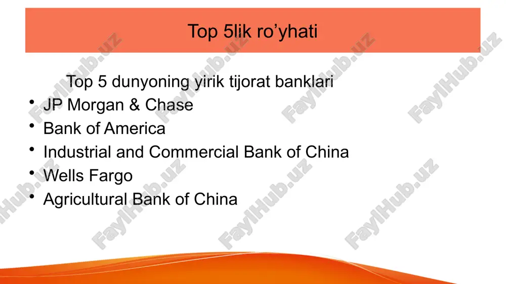 tashkil etilgan. bu korporativ maslahatlar, qo'shilish va sotib olish, sotish va savdo va ommaviy takliflar orqali investitsiya banki xizmatlarining asosiy yetkazib beruvchisi. ularning xususiy bank franshizasi va aktivlarni boshqarish bo'limi jami aktivlari bo'yicha dunyodagi eng yiriklaridan biridir. uning chakana bank xizmatlari va kredit karta takliflari aqsh va buyuk britaniyadagi chase brendi orqali taqdim etiladi. jp morgan & chase jami aktivlari 3,9 trillion aqsh dollariga teng jpmorgan chase aktivlari boʻyicha dunyodagi beshinchi yirik bank hisoblanadi. kompaniya daromadi bo'yicha dunyodagi eng yirik investitsiya bankini boshqaradi. u aqshning eng yirik korporatsiyalari fortune 500 ro'yxatida daromad bo'yicha 24-o'rinni egallaydi. 2023 yilda jpmorgan chase forbes'ning global 2000 reytingida 1-o'rinni egalladi. u xatarlarni boshqarish, keng moliyalashtirish faoliyati va keng ko'lamli huquqiy hisob-kitoblar uchun muntazam tanqidlarni oladi. bank of america bank of america korporatsiyasi (koʻpincha bofa yoki boa qisqartmasi) amerika koʻpmillatli investitsiya banki va moliyaviy xizmatlar xolding kompaniyasi boʻlib, shtab-kvartirasi shimoliy karolina shtatining sharlotta shahridagi bank of …