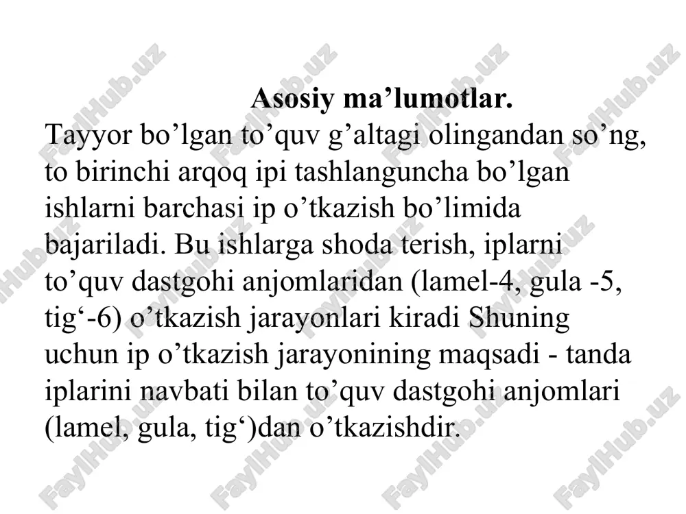ni tanda iplarining o’rilish rapportiga va zichligiga bog’liq. shodalarning tuzilishi to’quv dastgohiga va unda ishlatiladigan gulalarga bog’liq dir. ip gulali shodalar. har bir alohida shoda bir biri bilan ikki qator shnurga bog’langan guruh ip gulalaridan tashkil topgan. harbir gruhda 20 tadan gula bo’ladi. metal gulali shodalar. metal gulali shodalar to’quv dastgohining turiga qarab har xil bo’lishi mumkin. to’quv dastgohlarida yog’och plankali, metal va dur alyumindan tayyorlangan shodalar ishlatilishi mumkin. yog’och romli shodalar. ikki yog’och taxtachalar bir biri bilan metal yonchalar yordamida ma`lum oraliqda mahkamlanadi. metal yonchalar ikkitadan bo’lib, ichki yonchalariga ikkita metal chiviq-gula tutgichlar o’rnatiladi. bu chiviqlar metal gulalarni kiygizish uchun ishlatiladi. yog’och romlar, metal yonchalar va gula tutgich-chiviqlari to’g’ri, tekis va silliq bo’lishi kerak. yonchalarda teshik bo’lib, bu teshiklarga chiviq o’rnatiladi, chiviqlarning uchlari halqa bilan mahkamlanadi. shodalar turi a) ip gulali shoda: l-shoda uzunligi, n-shoda balandligi, 1-yog’och taxta, 2-gula ko’zi, 3-hisoblash ipi, 4,5-o’rish shnurlari; b) va v)- metall gulali …