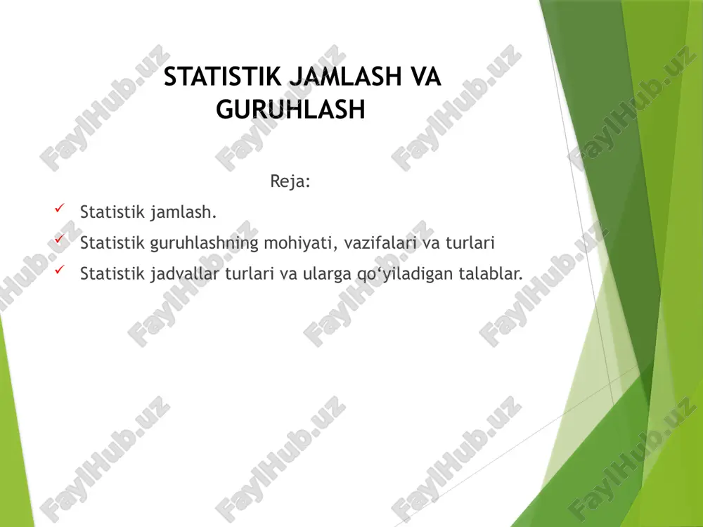 ik miqdori (varianti); n - guruhlar soni. ko‘pincha guruhlar soni aniq bo‘ladi. bu kuzatish maqsadi va vazifasidan kelib chiqib, ularni to‘liq amalga oshirish uchun kerakli sonda bo‘lishi lozim. agarda guruhlarning optimal sonini aniqlash lozim bo‘lsa, unda sterdjess formulasidan foydalanamiz. n = 1 + 3,322 lg n: bu yerda: n–to‘plamdagi birliklar soni ko‘zlangan asosiy vazifalarni hal qilish nuqtayi nazaridan sta­tistik guruhlash quyidagi uch turga bo‘linadi: 1. tipologik guruhlash. 2. tuzilmaviy (strukturali) guruhlash. 3. tahliliy (analitik) guruhlash. tipologik guruhlash deganda hodisalarni ijtimoiy-iqtisodiy tip­larga ajratish imkoniyatini beruvchi guruhlash tushuniladi. xalq xo‘jaligini tarmoqlarga bo‘lib o‘rganish, aholini sinflarga ajratib o‘r­­ganish, qishloq xo‘jaligi korxonalarini shirkat, fermer, dehqon xo‘jaliklariga bo‘lib o‘rganishlar tipoligik guruhlashga misol bo‘la oladi. tuzilmaviy (strukturali) guruhlash deganda bir xil tipdagi sta­tistik to‘plam tarkibiy qismini guruhlarga bo‘lib, ularning sal­mo­g‘ini aniqlash orqali o‘rganish tushuniladi. demak, ushbu gu­ruh­lash turida to‘plam tarkibidagi har bir guruhning salmog‘i aniq­la­nib, to‘plam tarkibi o‘rganiladi. tuzilmaviy guruhlash yordamida aholining milliy, jinsiy tar­ki­bi, mamlakat …
