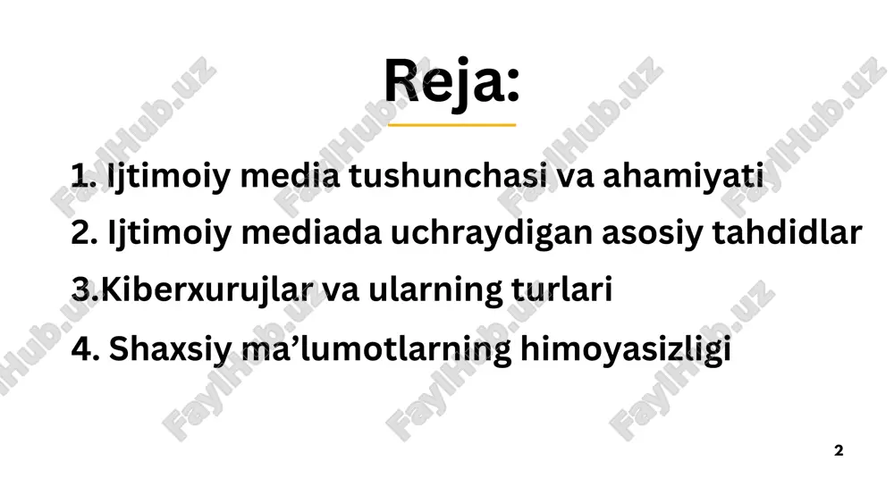alansa – bilim olish va o‘zini rivojlantirish imkoniyati ham yuqori. 8 himoyalanish choralar va mas’uliyatli foydalanish kuchli parol va ikki bosqichli himoya. noma’lum havolalarni bosmaslik. axborotni tekshirib, keyin tarqatish. internet etikasi va axloq qoidalariga rioya qilish. xulosa va takliflar ijtimoiy media – qudratli axborot vositasi, ammo noto‘g‘ri foydalanilsa xavf manbaiga aylanadi. har bir foydalanuvchi axborot madaniyatiga ega bo‘lishi zarur. yoshlar tarmoqlardan o‘qish, o‘rganish va ijobiy maqsadlarda foydalanishi kerak. davlat va ta’lim tizimi kiberxavfsizlikni kuchaytirishga e’tibor qaratishi lozim.