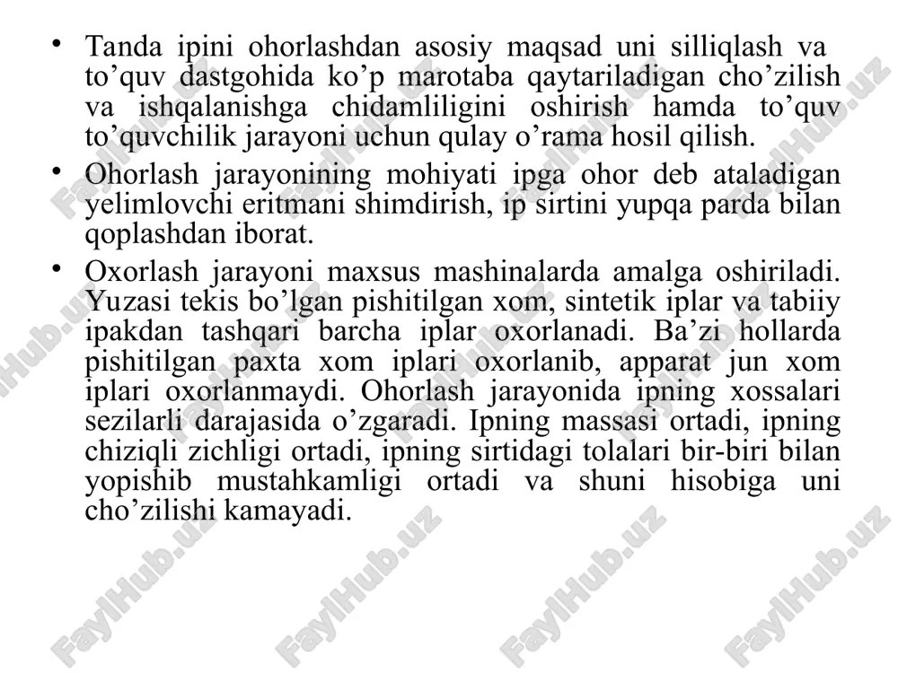 obga olgan xolda o’rnatish kerak; ohorning o’zi tolalarga yahshi yopishadigan, lekin gazlamaga pardoz berishda ulardan tez va osongina ajraladigan bo’lishi kerak. kraxmalli oxorga qo’shiladigan yordamchi moddalarni vazifalari: yumshatuvchilar erituvchilar neytrallovchilar antiseptiklar gigroskopiklar va x.k lar kiradi. kraxmal -oq rangdagi modda bo’lib, u mayda donalardan tashkil topgan. donalarning shakli va o’lchamlari kraxmal turiga bog’liq bo’ladi. kraxmal sovuq suvda erimaydi, issiq suvda esa avval shishada quyuq yelimsifat suyuqlikka aylanadi. shishgan paytda zarrachalarning hajmi 125 barobar oshadi oxorning tarkibi va uni tayyorlash oxorning tarkibi va uni tayyorlash usullari o’tgan asr o’rtalarida dunyoning yetakchi ilmiy tekshirish instituti olimlari tomonidan kashf etilgan, ular asosan rossiya davlati olimlaridir. oxor tayyorlash uchun xar bir to’qimachilik korxonasida maxsus oxor tayyorlash tsexlari mavjud bo’lib, oxor maxsus xajmga ega bo’lgan baklarda pishirib tayyorlanadi. har xil tolali materiallardan olingan ipni ohorlash uchun har xil tarkibli ohor ishlatiladi. oxor uchun asosiy material sifatida kraxmal ishlatilgan. ilgarilari kraxmalni eritish maqsadida kislota va ishqorlar …