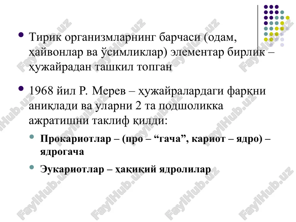 turlari: donor yoki jinsiy kiprikchalar umumiy tartibdagi kiprikchalar vazifasi: konyugatsiya adsorbtsiya spora sporaning hosil bo'lish sxemasi (shlegel bo'yicha): a, b – septaning hosil bo'lishi. v, g – spora protoplastini huj.membranasi bilan o'ralishi. d – spora korteksi va qobig'ining shakllanishi. e – etilgan sporaning tuzilishi: 1 – ekzosporium, 2 – sporaning tashqi qobig'i, 3 - sporaning ichki qobig'i, 4 - korteks, 5 - sporaning hd, 6 – sporaning tsm, 7 – nukleoidli tsitoplazma spora h/b – turni saqlab qolish qobiliyati, ya'ni himoya kimyoviy tarkibi: lipid, mum ko'p erkin suv kam ferment.faol.past ca, na, mg ko'p spora h/b – 18-20 soat vegetativ shaklga aylanishi – 3-4 soat sporaning joylashishi: subterminal terminal markaziy terminal markaziy subterminal joylashishi bergining 2005 yildagi oxirgi tasnifiga muvofiq barcha mikroorganizmlar 35 guruhga bo'linadi. shulardan 9 ta guruh odam uchun patogen hisoblanadi: bakteriyalar spiroxetalar mikoplazmalar rikketsiyalar xlamidiyalar zamburug'lar aktinomitsetlar sodda jonivorlar viruslar bakteriyalar: bular bir hujayrali organizmlardir ular k/ch …