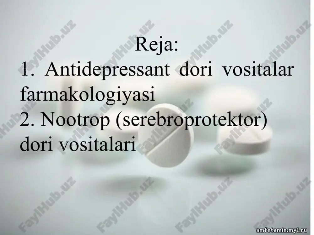 laydi. ta'sir doirasi ancha keng. ruxiy tushkunlikning har xil shakllarida keng ishlatiladi. 2.neyronal qayta ushlanish ingibitorlari. bu gurux boshqacha nom bilan uch tsiklik antidepressantlar ham deyiladi. bu guruhga kiruvchi preparatlar mao fermentiga ta'sir etmay, markaziy nerv tizimidagi adrenergik jarayonlarni zo`raytiradi. imizin (imipramin) preparati-antidepressiv, birmuncha sedativ va ayrim hollarda esa psixostimullovchi ta'sir ko`rsatadi. antidepressiv samarasining mexanizmi adrenergik jarayonlarning zo`rayishi bilan bog`liq. sedativ samara esa imizinning markaziy m-xolinoretseptorlarini to`suvchi ta'siri bilan ta'riflanadi. imizin (imipramin) me'da-ichak tizimidan imizin yaxshi so`riladi. terapevtik samarasi asosan 2-3 haftadan keyin boshlanadi. preparat tanada metabolizmga uchrab, metabolitlar, kon'yugatlar va qisman o`zgarmagan holda peshob bilan chiqariladi. imizinning nojo`ya ta'siri og`izning qurishi, taxikardiya, ko`z qorachig`ining kengayishi, akkomadatsiyaning o`zgarishi va boshqalar). allergik reaktsiyalar, ko`ngil aynishi va boshqa o`zgarishlar ham kuzatiladi. markaziy nerv tizimi faoliyatining buzilishi uyqusizlik, umumiy qo`zg`alish, havotirlanish va dovdirashga sabab bo`lishi mumkin. amitriptilinning farmakologik ta'siri imizinga yaqin. lekin amitriptilinda antidepressiv ta'sir kuchliroq va psixosedativ samara bilan birga kechadi. psixostimullovchi …