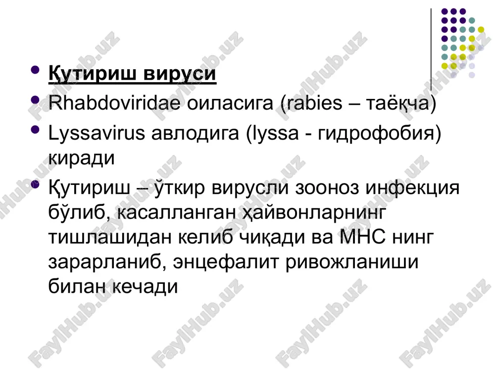 ing zararlanish darajasiga virusning miqdoriga makroorganizmning reaktivligiga prodromal davrga xos belgilar: tishlagan joyda qichish va og'riq; bosh og'rig'i, holsizlik; uyquning buzilishi, kayfiyatning tushishi; vahima, o'limdan qo'rqish qo'zg'aluvchanlik davriga xos belgilar: gidrofobiya, fotofobiya, aerofobiya, akustikofobiya besabab cho'chib ketish holatlari halqum va hiqildoq spazmi hansirash yuzda qo'rqish, azoblanish belgilari bemor - agressiv bo'lib qoladi alahsirab, qochishga harakat qiladi ko'p gapiradi gallyutsinatsiya so'lak ko'p oqishi (sialoreya) xuruj vaqtida nafas markazining falajlanishidan bemor birdan o'lishi mumkin falajlik davriga xos belgilar: bemor tinchlanadi, qo'zg'aluvchanlik o'tib ketadi xuddi sog'aygandek bo'ladi, lekin hamma narsaga befarq bo'lib qoladi birdaniga falajlik kelib chiqib, bemor o'ladi ko'rshapalaklar tishlashidan so'ng rivojlangan qutirishda birdaniga falajlik kelib chiqadi laborator diagnostikasi: klinik ko'rinishlariga ko'ra tashxis qo'yish mumkin (gidrofobiya). bemor o'lgandan so'ng, miya to'qimasidan bosma-surtma tayyorlanadi: babesh-negri tanachalarini topish uchun oxirgi yillarda bemor tirikligida tashhis qo'yish usullaridan quyidagilar qo'llanilmoqda: virusni orqa miya suyuqligidan, so'lakdan ajratib olish yosh sichqonlarni intratserebral zararlash (3-7 kundan so'ng ular o'ladi). …