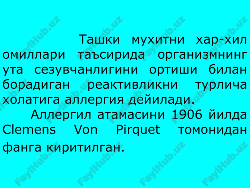 alarni a) tezkor utuvchi allergik rektsiyalar b) sekin utuvchi allergik reaktsiyalar cooke tezkor allergik reaktsiyalarga teri yoki sistemali nafas sistemasi, oshkozon ichak traktida antigen ta'siridan bir necha minut yoki soat utgandan sung ruy beradigan xolatlarni [teridagi torvok, bronxospazm, kungil aynishi, kayt kilish, diareya spazmli ogrik] kiritgan. tuberkulinga parentral yul bilan yuborilganda umumiy sistemali reaktsiyalar kelib chikishi mumkin - tuberkulinli lixoradka - tuberkulinli shok a.d.ado buyicha allergik reaktsiyalar kuyidagicha tabakalangan: soxta allergik reaktsiyalar tashki kurinishi bilan anafilaktik shokni eki maxalliy allergik reaktsiyalarni kurinishiga uxshaydi, lekin rivojlanish mexanizmida, allergik reaktsiyalarni eng muxim va etakchi jaraeni bulishi -antigen +antitela reaktsiyasi bulmaydi. soxta allergik reaktsiyalarga shvartsman kapillyar toksik fenomeni kirib, kon ivish jaraenlarini buzilishi bilan boglik bulib, kapillyar va prekapillyar tomirlarda tromb xosil bulishi bilan va shikastlangan tukimaga kon kuyilishi bilan xarakterlanadi. ximergik reaktsiyalarda antigen+antitelo kompleksi organizmning biologik suyukliklar satxida ruy berib, tezkor utadi. ximergik reaktsiyalarni rivojlanish mexanizmlari etakchi rolni antigen+antitelo kompleksini ta'siri natijasida …