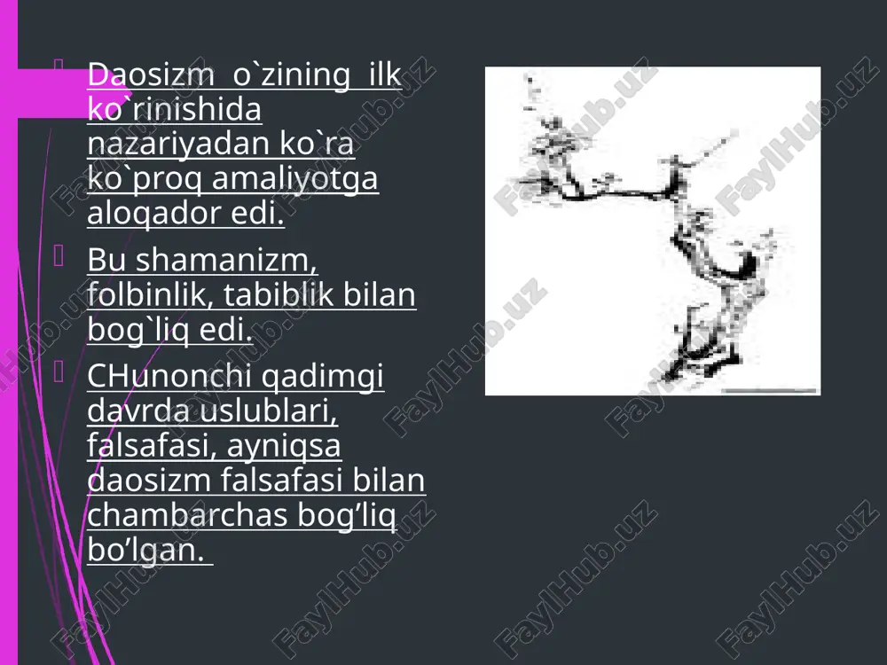 nadi. “besh dou guruch ta`limoti” “taypindao” sektasi bilan birga yana bir “udoumidao”(“ besh dou guruch ta`limoti”) sektasi ham mavjud bo`lib, qadimgi xitoy jamiyatida katta ta`sir doirasiga ega bo`lgan. uning asoschisi mashhur daochi chjan dao lin bolgan. daosizm birinchi ming yillikda buddizm va konfutsiychilik bilan raqobatlashib keldi. vi asrga kelib daosizm konfutsiychilik dan keyin ikkinchi o`rinni egallagan edi. xiii asrdan boshlab daosizm ta`limoti aniq asoslarga ega emasligi va ilk davrdagi yuksak ta`limotlarni turli hurofotlar bilan almashgani tufayli inqirozga yuz tuta boshladi. xx asrda xitoyda turli daosizm sektalariga qarshi kurash boshlandi. asrning ikkinchi yarmida daosizm tarafdorlari ozchilikni tashkil qildi. ushbu kichik guruh monaxlar targ`ibotchilar va bashoratchilarni o`z ichiga olgan edi. e`tiboringiz uchun rahmat
