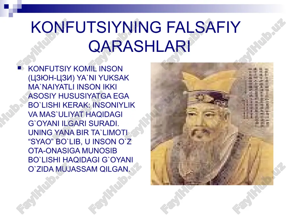 adi. konfutsiychilarning ibodat marosimlari xozirgi kunda xitoy aholisining ko`p qismi bu dinga e`tiqod qilishadi marosimlari konfutsiyga atab qilinadigan qurbonliklar har oyning 1- va 15- kunlarida, uning haykali oldida tantanali marosim ko`rinishida o`tkaziladi konfutsiyning o`limi konfutsiy o`zi yashab ijod etgan joy-suyfuda vafot etgandan so`ng, qabr yaqinida ibodatxona quriladi. ibodatxonaga uning tabarruk narsalari ya`ni yozgan asarlari, musiqa asboblari, ro`zg`or anjomlari va aravasi keltirib qo`yildi.vaqt o`tishi bilan bu narsalar ilohiylashtirila boshlandi. uni butun dunyo “millatlarning ustozi” deb tan oladi.