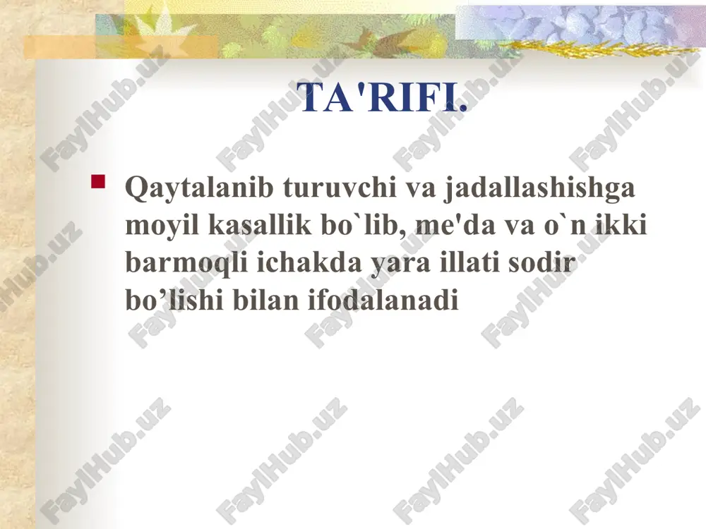 va o`n ikki barmogli ichak shillig’i; (2) sialo va sulfomutsinlar (4) normal maxalliy qon aylanishi tasnifi 1. etiologiyasiga qarab: a) xelikobakter pilori bilan bog’langan. b) xelikobakter pilori bilan bog’lanmagan. 2. joylashishiga qarab: a) me'da yarasi: a) kardiya qismi b) kichik egriligi v) pilorik bo’limi (oshqozonni chiqishi) g) antral bo’limi b) o’n ikki barmoqli ichak yarasi: a) piyozchasida b) piyozchadan tashqari bo’lim (postbulbar) c) me'da va o’n ikki barmoqli ichak yarasining birga mavjudligi 3. yara turiga qarab: a) yakka b) ko’pchilik 4. yara diametriga qarab: a) kichkina diametrli 0,5 sm gacha b) o’rta diametrli 0,5-1sm gacha c) katta diametrli 1,1-2,9sm d) ulkan (juda katta), me'da yarasi uchun 3sm va ortiq, o’n ikki barmoqli ichak yarasi uchun 2sm dan ortiq 5. klinik kechishiga qarab: a) tipik b) notipik - notipik og’riq sindromi bilan - og’riqsiz (lekin boshqa klinik belgilar bilan) - simptomsiz 6. me'daning sekretsiya miqdori bo’yicha: a) baland sekretsiya bilan b) …