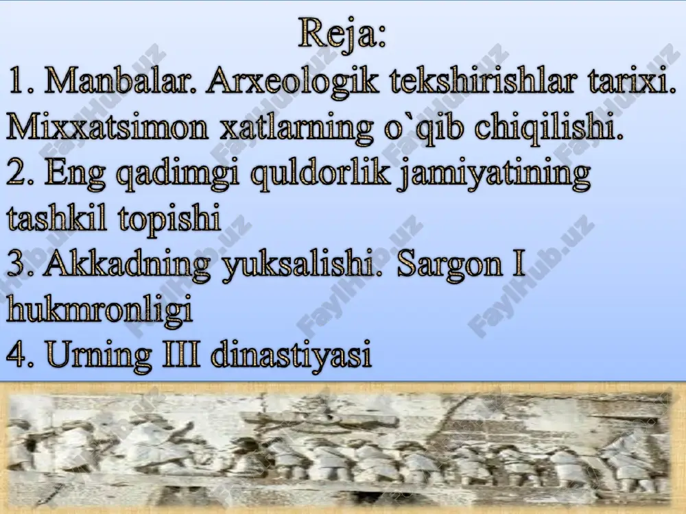 da er.avv. iii ming yilliklardan boshlab sharqiy semit chorvador qabilalari yashagan. ularning tili akkad tili deb atalgan . er.avv. iii ming yillik oxirida g’arbdan, suriya cho’llaridan mesopotamiyaga g’arbiy semit chorvador qabilalari kirib kelgan. akkadlar ularni amoriylar deb atashgan. (akkadcha «amurri», «suriya» yoki «g`arb» deyilgan.) er. avv. iii-ii ming yilliklarning birinchi yarmida amoriylar mesopotamiyada bir necha podsho sulolalarga asos solganlar. qadimgi shimoliy mesopotamiya, shimoliy suriya va arman tog’larida xurrit qabilalari yashagan. shumer va akkadlar ularni va mamlakatni subarti deb atashgan. davrlashtirish. mesopotamiya hududida er. avv. iv ming yillikdan iii ming yillikgacha ibtidoiy jamoa tuzumini yemirilish jarayoni bordi. shumerlarning er. avv. iv ming yillikni boshlarida janubiy mesopotamiyaga kelishi bilan uruk madaniyati boshlandi. er. avv. iii ming yillikdan boshlab mamlakatni janubiy qismida shumerlarning kichik shahar-davlatlari paydo bo’ldi. er. avv. iii ming yilliklar ilk sulola davri deb ataldi. keyingi davr er. avv. iii ming yillikning oxirgi davri kuchli mutlaq monarxiyalar tashkil topish davri hisoblanadi. …