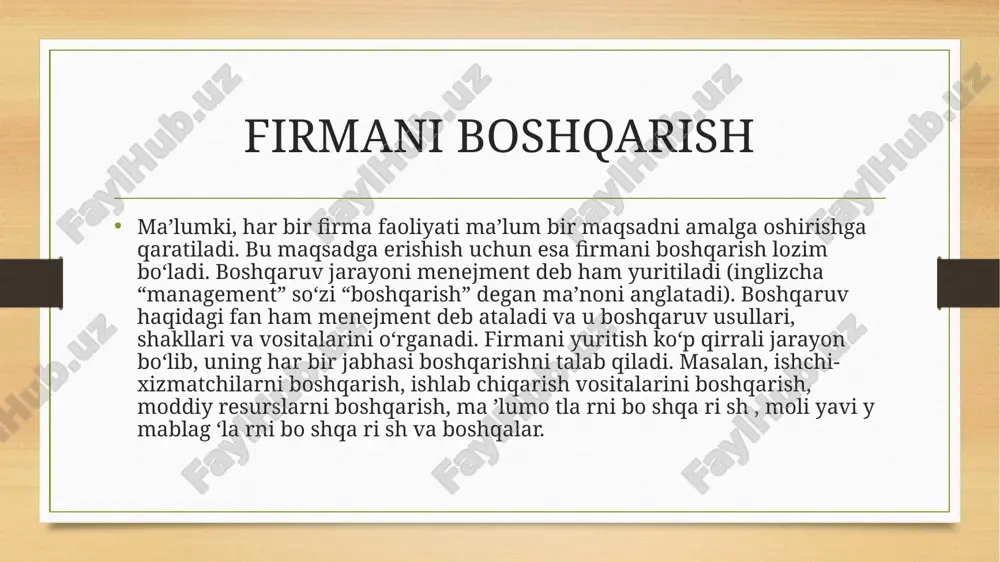 antiruvchi, safarbar qiluvchi kishilardir. avtokratik, ya’ni yakka hokimlik uslubi. bunda rahbar o‘zgalar fikrini so‘rab o‘tirmaydi, balki buyruq berib, uning bajarilishini nazorat qiladi. bunday uslubda firmaning jamoasi markazlashgan bo‘ladi, xodimlar orasida esa aloqalar deyarli bo‘lmaydi. byurokratik (qog‘ozbozlik) uslubi. bu uslub ham yuqoridagi uslubning bir ko‘rinishi bo‘lib, firma faoliyati "tepadan tushirilgan" buyruqlar, yo‘lyo‘riqlar va rasmiy qog‘ozlar asosida boshqariladi. bunday korxonada tashabbuskorlikka emas, qog‘oz hujjatlarga ko‘proq e’tibor beriladi. demokratik uslub. bunda jamoaning barcha a’zolari qaror qabul qilish jarayonida ishtirok etadi. jamoa har bir a’zosining fikri inobatga olinib, ular umumiy ishga qandaydir hissa qo‘shayotganligidan qoniqadi. bunday jamoalarda, odatda, odamlar o‘z ishlariga sadoqatli bo‘ladi. rahbarning asosiy vazifasi jamoa a’zolarini tashabbuskorlikka yo‘naltirishdan iborat bo‘lib qoladi marketing so‘zi inglizcha “market” so‘zidan olingan bo‘lib, “bozorga bog‘liq faoliyat” degan ma’noni anglatadi. iqtisodiyotda marketing deb bozor sharoitida iste’molchilar ehtiyojini o‘rganishdan tovar va xizmatlarni ularga yetkazishgacha bo‘lgan faoliyatga aytiladi. firma uchun marketing faoliyatidan ko‘zlangan asosiy maqsad — iste’molchilar ehtiyojlarini aniqlab, uni …