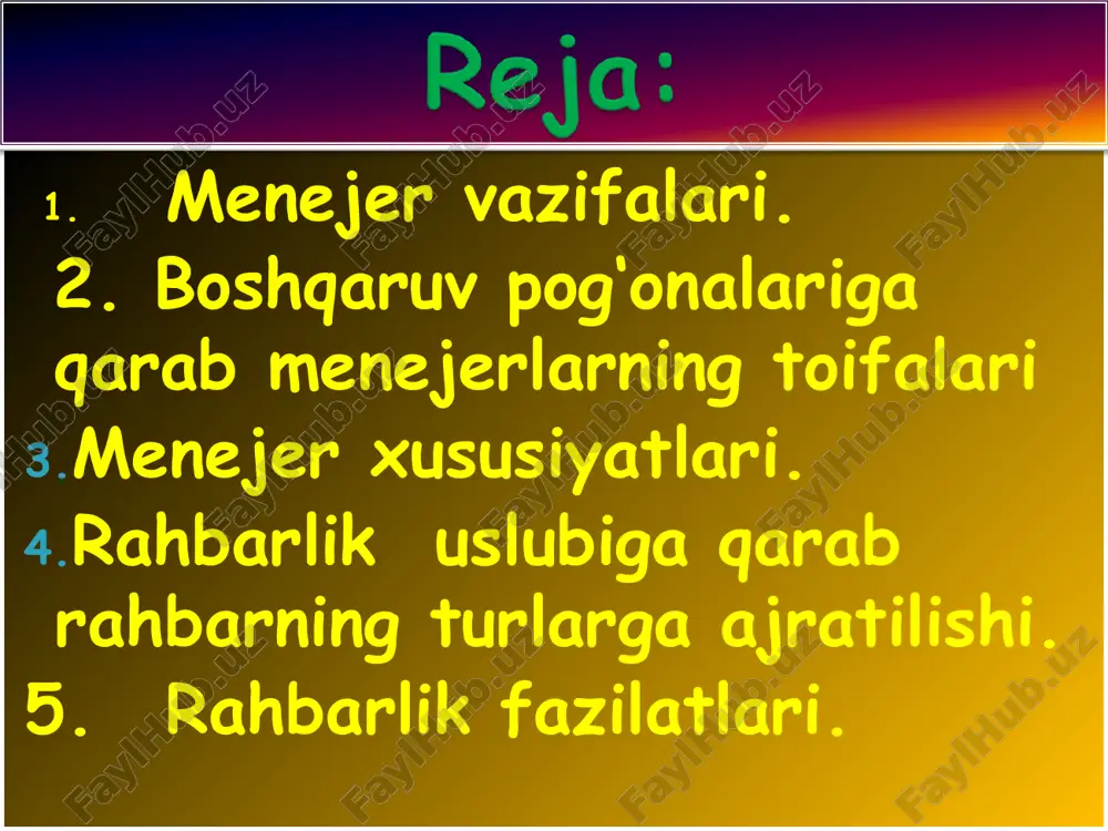harakatlarini keskin ravishda tanqid qilishni yaxshi ko‘radi; muttasil buyruq berishga, hammani o‘z istaklariga so‘zsiz bo‘isindirishga intiladi; ko‘p gapirishni yoqtirmaydi, lekin bo‘isinuvchilari bilan muomilada bo‘lganda uning rahbarlik g‘ururi balandligi, uzini katta tutish sezilib turadi; o‘ziga bo‘ysunuvchilari oldida qovog‘i solingan kayfiyatda bo‘ladi. irodasiz, tashabbussiz bo‘ladi; o‘z zimmasiga mas’uliyat olishni yoqtirmaydi; ishni o‘z holiga tashlab ko‘yadi; idoraga nisbatan qat’iy bo‘lishdan hayiqadi; o‘zini haddan tashqari ehtiyot qiladi; biron xodim bilan ham aloqani buzishni istamaydi; talabchan emas, sust nazorat qiladi; suiste’mollarga bevosita yo‘l qo‘imasa ham o‘zini bilmaslikka soladi; boshqarish funktsiyalarini jamoa fikri bilan hisoblashib amalga oshiradi; ishlab chiqarishni boshqarishga xodimlarni jalb qiladi; ularning bildirgan fikriga quloq soladi; ular bilan maslahatlashadi, ijobiy tamonlarini inobatga oladi; barcha bilan barobar va samimiy munosobatda bo‘ladi, ustunligini bildirmaydi; buyruq berish yo‘lidan emas, balki ishontirish uslubida ish tutadi; buyruq rahbarlik uslubi bo‘ysinuvchilarning shaxsiy tashabbusini, ijodiy faoliyatini rivojlantiradi va jamoada o‘rtoqlik va ishchan muhitni yaratadi. qadimgi tibbiyotning yirik namoyondasi gippokrat inson badanida …