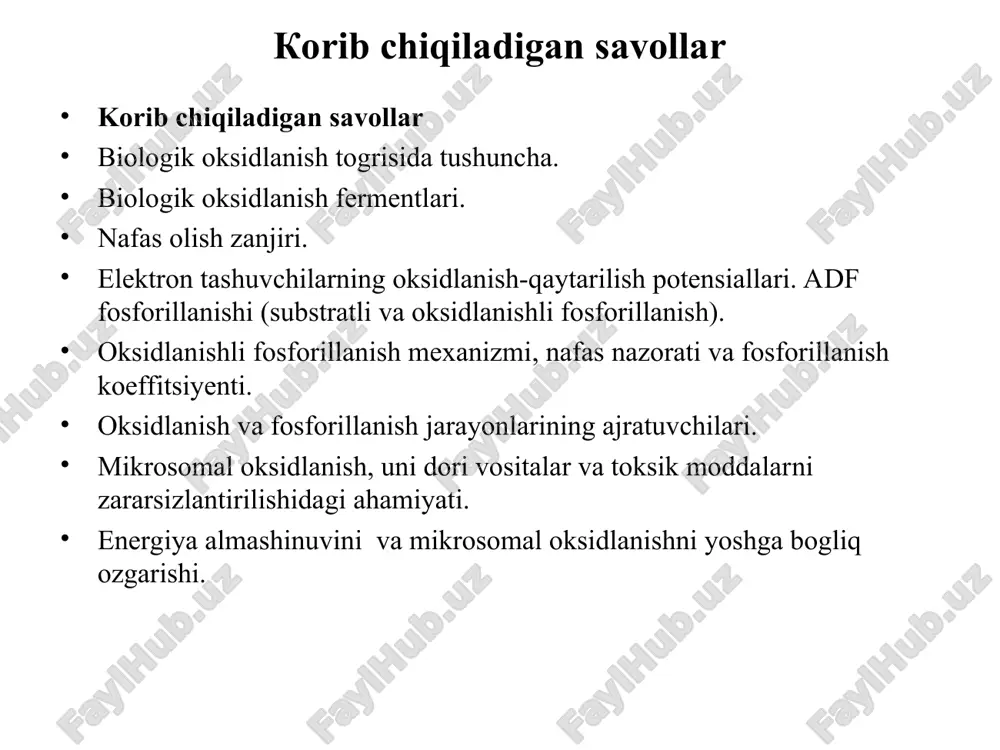 i bogni gidrolizi davrida erkin energiya beruvchi birikmalar makroergik birikmalar deb ataladi. ~ belgi bilan bu boglar korsatiladi. modda almashinuvda makroergik birikmalar energiyaning donori va akseptori vazifasini bajaradilar. makroergik birikmalarning 2 turi tafovut etiladi: energiya «akkumulyatori» vazifasini bajaruvchilar – atf, adf, gtf, stf, ttf katabolizm davrida xosil boluvchi makroergik birikmalar – fosfoyenolpiruvat, kreatinfosfat, atsetil-koa, suksinil-koa va boshqalar biologik oksidlanish yoki toqima nafas olishi deb - toqimalarda organik moddalarni kislorod ishtirokida parachalanishi va karbonat angidridini ajralishiga aytiladi. bunday oksidlanish jarayonida energiya ajralib chiqadi va oz tabiatiga kora ekzoergonik jarayon xisoblanadi. oz moxiyatiga kora biologik oksidlanish va yonish bir xil jarayondir, chunki 1 molekula glyukozani yonishida xam, oksidlanishida xam karbonat angidridi, suv va 2780kdjg’mol energiya ajralib chiqadi: s6n6o12 + 6o2 q 6so2 + 6n2o yonishdan farqli past haroratda kechadi, alangasiz va suv ishtirokida. bu jarayon mexanizmini yoritib berishda bir-necha nazariyalar taklif etilgan: 1. baxning perekisli nazariyasi. bu nazariyaga kora yengil oksidlanuvchi moddalar …