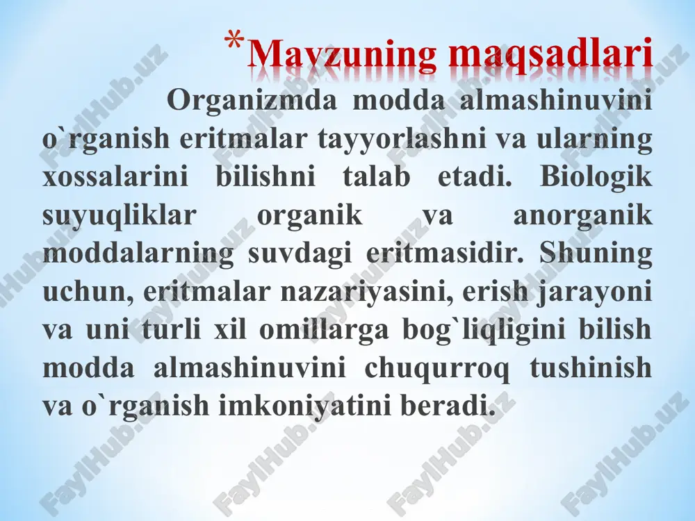 ebulioskopiya va krioskopiya usullari nimani aniqlaydi? amaliy ish № 1. 1. naclning fiziologik eritmasini tayorlash №№ tadbir bajarilmadi (0 ball) to`liq va to`g`ri bajarildi 1. toza va quruq o`lchov kolbasi olinadi 0 1 2. olingan o`lchov kolbasining hajmiga mos ravishda nacl tuzining massasini hisoblab chiqariladi 0 3 3. tarozi yordamida tuz tortib olinadi 0 3 4. kolbaga tuzni solib, ustiga distillangan suv, kolbani hajmini belgilivchi chiziqgacha, aniq qilib quyiladi va aralashtiriladi 0 3 jami: 0 10 №№ tadbir bajarilmadi (0 ball) to`liq va to`g`ri bajarildi 1. 3-ta toza va quruq probirka olinadi 0 1 2. probirkalarga nacl ning uch hil kohsentratsiyali eritmasidan quyiladi (izotonik, gipotonik va gipertonik) 0 3 3. probirkalarning har biriga 2 tomchidan qon quyiladi va o`zgarishlar kuzatiladi 0 3 4. 30 minutdan so'ng rlazmoliz, gemoliz va izoosmiya haqida hulosalar chiqariladi va ish daftariga rasmiylashtiriladi 0 3 jami: 0 10 masala № benzolning krioskopik konstantasi 5,12, toza benzolning …