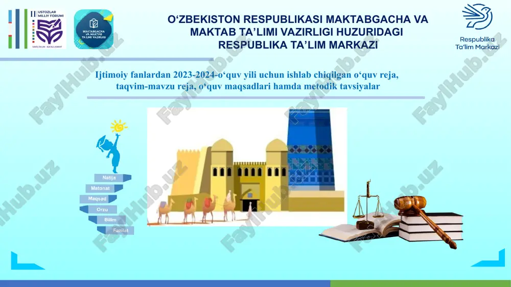ri fani o‘quv dasturlari va darsliklari yangi tahrirdagi konstitutsiya norma va qoidalariga mosligi tahlil qilindi. 8-10-sinf davlat va huquq asoslari fani darsliklari yangilanmoqda. 8-sinf jahon tarixi fanidan metodik tavsiya yaratildi. 11-sinf davlat va huquq asoslari fanidan metodik tavsiya yaratildi. ijtimoiy fanlardan 2023-2024-o‘quv yili uchun ishlab chiqilgan o‘quv maqsadlari umumiy o‘rta ta’limning 8-sinf tarbiya fani bo‘yicha o‘quv dasturi maqsadlari umumiy o‘rta ta’limning 5-sinf tarix fani bo‘yicha o‘quv dasturi maqsadlari umumiy o‘rta ta’limning 11-sinf davlat va huquq asoslari fani bo‘yicha o‘quv dasturi maqsadlari t/r amaldagi dastur o‘quv dastur maqsadi 1. tarix fani nimani o‘rganadi? tarix tushunchasini ma’nosini ayta oladi; tarixiy manba nima ekanligini biladi; tarixiy manbalar turlarini ajrata oladi; moddiy manbalar va yozma manbalarni farqlay oladi; moddiy manbalar bilan yozma manbalarni qiyoslay oladi; moddiy manbalarga misollar keltira oladi; yozma manbalarga misollar keltira oladi. t/r amaldagi dastur o‘quv dastur maqsadi 1. iftixorimsan – jannatmakon o‘zbekiston! o‘zbekiston haqida ma’lumotlarni ayta oladi; mas’uliyat, majburiyat, burch …