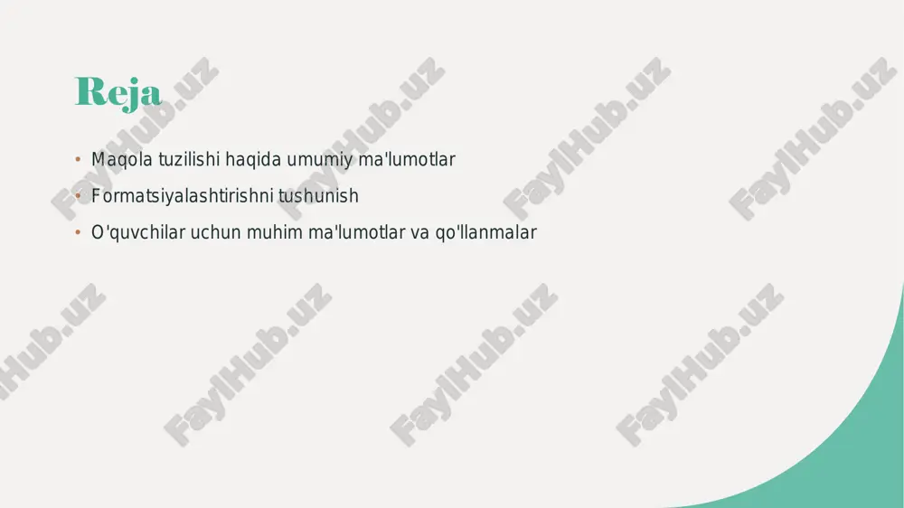 ma'lumotlar analizini o'rganishdan o'tadi. bu, maqolaning asosiy konseptlarini tushuntirishga yordam beradi. 2 tahlil qilish ma'lumotlarni to'g'ri tuzilishini tushunishda tahlil qilish muhimdir. tahlil qilish, ma'lumotlarni taqqoslash va ularni aniqroq tushuntirishga yordam beradi. 3 tuzilishni tashkil etish ma'lumotlarni to'g'ri tuzilishini tushunishda tuzilishni tashkil etish muhimdir. tuzilish, ma'lumotlarni tartib bilan joylashtirish va muntazam qilishni o'rgatadi. 4 ma'lumotlarni o'rganish ma'lumotlarni to'g'ri tuzilishini tushunishda ma'lumotlarni o'rganish muhimdir. bu, ma'lumotlarining asosiy qismlarini tushuntirish va ularni mohiyatli qilishga yordam beradi. akademik prezidentatsiya tuzilishi va qoidalari akademik prezidentatsiyalarning ahamiyati prezidentatsiya tayyorlash jarayoni prezidentatsiya tuzilishi akademik prezidentatsiyalar, ilmiy maʼlumotlarni davlat organlari, kollejlar yoki konferensiyalarda amaliyotda oʻzlashtirish uchun muhim vosita hisoblanadi. prezidentatsiyani tayyorlashda maqbul va ishonchli manbalardan foydalanish, tushunchalarni tartibga solish va qisqa vaqt ichida maʼlumotlarni yetkazish muhimdir. prezidentatsiyalarni tuzishda tartib, logika va maʼlumotlar oʻrtasida munosabatlar juda muhimdir. har bir qism oʻqituvchilarga vaqtinchalik koʻrsatilishi kerak. xulosa 1 asosiy qoidalarni tushunish maqola yozishda asosiy qoidalarni tushunish muhimdir. bu, maqolani to'liq tushuntirish …