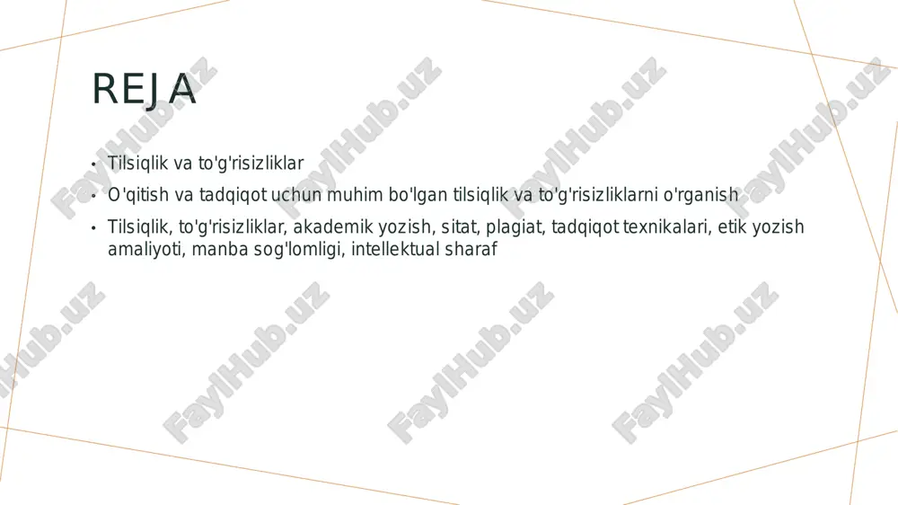 qo'llashning ahamiyatini va to'g'ri parafrazalarni yaratishni o'rgatadi. etik muammolari va yechimlari etik muammolari va yechimlari, ilmiy yozish va tadqiqot uchun zarur bo'lgan aniq til o'rniga tashrif buyuruvchi avtorlarning fikrlarini to'g'ri ko'rsatish, manfiy vaqtinzirlikni ta'minlash uchun adabiy yozishda adolatli til qo'llash muhimdir. photo by ian schneider on unsplash https://unsplash.com/@goian?utm_source=ai_slide_maker&utm_medium=referral https://unsplash.com/photos/two-person-standing-on-gray-tile-paving-tammbr4okv4?utm_source=ai_slide_maker&utm_medium=referral plagiatdan qochish teknikalari 1 plagiatni aniqlash - plagiatni aniqlash uchun matnni plagiatning ongini aniqlash va plagiatni oldini olish texnikalari yordamida tekshirish shartlarini tasdiqlashni o'z ichiga oladi. 2 manbaning yomonliklarini aniqlash - manba yomonliklarini aniqlashning muhimligi va plagiatdan qochish uchun manbaning to'g'ri tarzda yozilganligini aniqlashning ko'rsatilgan usullari mavjud. 3 tizimli sitatlar va manbalarni yoritish - tizimli sitatlarni va manbalarni yoritish plagiatdan qochishning muhim qismi bo'lib, akademik yozishda to'g'ri sitat va manba yozish usullarini o'rganish uchun juda muhimdir. 4 plagiatdan qochishning yuritilishi - plagiatdan qochishning yuritilishi uchun plagiatni engellash usullari va plagiatdan qochishning o'zgaruvchanligini ta'minlashda amalga oshiriladigan usullar haqida ma'lumotlar. tilsiqlikning ahamiyati va …