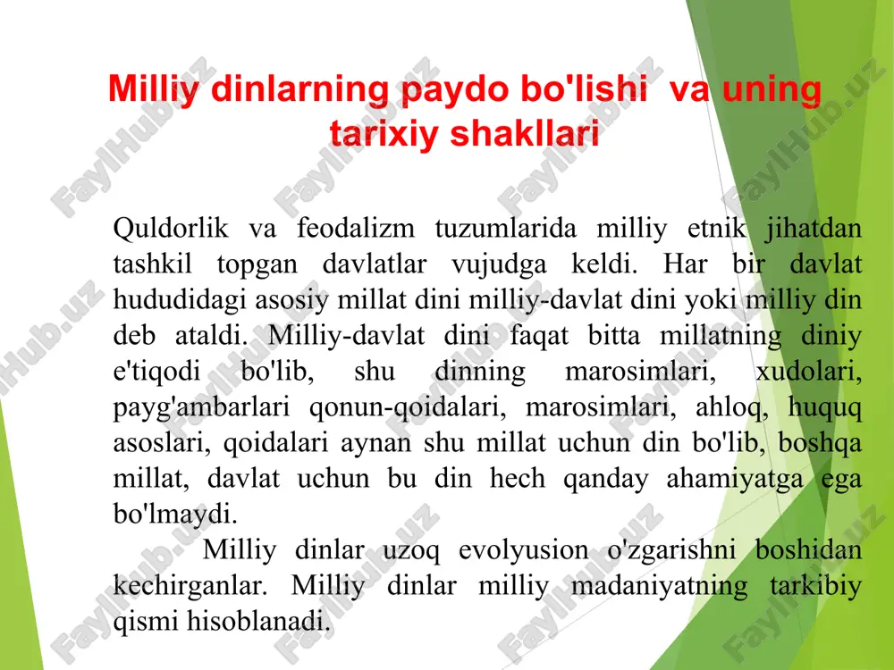 g'oyalarini o'ziga o'zlashtirib olgan. hinduizm o'zining yagona bajaradigan tashkilotiga ega emas. hinduizm politeistik din bo'lib, unda ko'p xudolik elementlari saqlangan. dindorlar tasavvurida bosh xudo braxman koinotning ijodkori va yaratuvchisidir. bundan tashqari hindlar vishnu va shiva degan xudolarga ham e'tiqod qiladilar. hinduizm ta'limotida xudoning uch qiyofadagi ko'rinishi tasavvur etilishi (trimurti) eng oliy, yakka xudoning uch xususiyati, deb talqin qilinadi. jaynizm jaynizm - bu dinning asoschisi sifatida e'tiqod qili-nadigan yarim afsonaviy payg'ambar-jin nomi bilan atalgan bo'lib, bu milliy din hindistonda eramizdan oldingi vi asrda paydo bo'lgan. jaynizm braxmanizmdagi (braxmanizm dini hindistonda er. av. x-xi asrlarda kelib chiqqan edi) kishilarni tabaqalarga ajratish va tabaqalar asosida odam-larning ijtimoiy tengsizligini ilohiylashtirish sistemasiga qarshi paydo bo'lgan. jaynizm ta'limotida 24 ta payg'ambarga, ayniqsa, ulardan oxirgisi bo'lgan payg'ambar - vardhamana maxaviraga sig'inish talab etilgan. jaynizmda jonning o'lmasligiga, uning bir moddiy shakldan ikkinchisiga ko'chib yurishiga ishonish g'oyasi markaziy o'rinni egallaydi. jaynizm dindorlarga nisbatan qattiq cheklashlar o'rnatganligi sababli hozirgi kunda …
