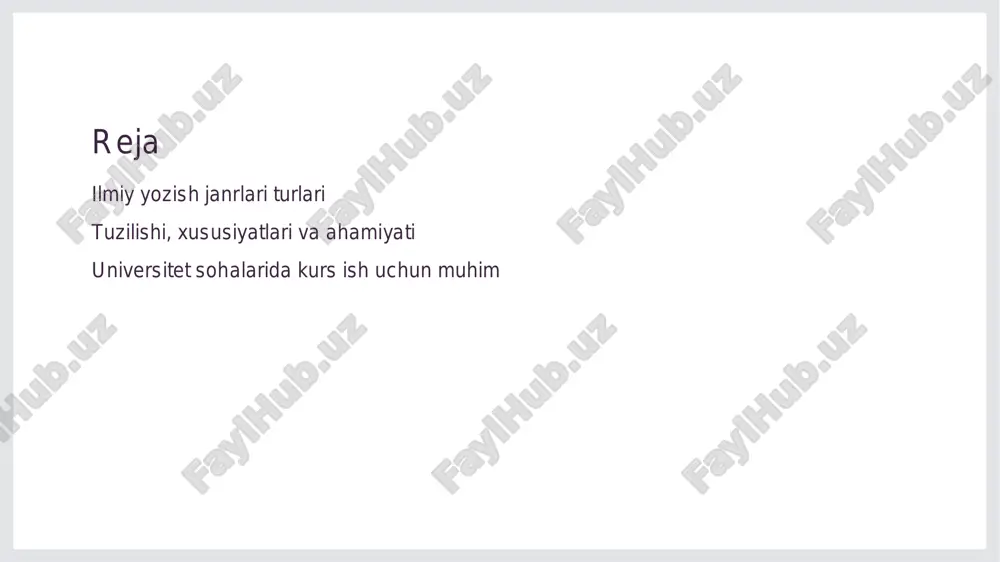 vjud: dissertatsiya, maqola, maqolalar to'plami, ilmiy taqqoslash va boshqalar. 2 ularining ahamiyati - ilmiy yozish janrlari, akademik ilmiy ishni tuzishda, fikrlarni ifodalashda va ma'lumotlarni uzluksiz tarzda yetkazishda muhim ahamiyatga ega. 3 akademik rivojlanishda roli - ilmiy yozish janrlari, akademik rivojlanishda muhim rol o'ynaydi. ular, ilmiy fikrlarni to'g'ri ifodalash va rivojlantirishda yordam beradi. kurs ishning rivojlanishi va ilmiy yozuv janrlari bilan bog'liq sabablari 1 kurs ishning rivojlanishi kurs ish rivojlanishiga o'zgartiriladigan parametrlar, talablar va yangiliklar haqida tushuncha beradi. 2 ilmiy yozuv janrlari ilmiy yozuv turlari, ularning xususiyatlari va ularning akademik tadqiqotda o'rniga ega bo'lishini ta'kidlaydi. 3 sababi: maqsad va natijalari kurs ishning rivojlanishi va ilmiy yozuv janrlari bilan bog'liq asosiy sabablari, maqsadlari va erishilgan natijalarni tushuntiradi. 4 o'qituvchining roli o'qituvchining kurs ish va ilmiy yozuv janrlari bilan bog'liq sabablarni tushuntirishda o'z ahamiyatini o'z ichiga oladi. xulosa asosiy maqsadlar o'rganiladigan uslublar kurs ishning rivojlanishi ilmiy yozish janrlari va ularning turlari, xususiyatlari, va …