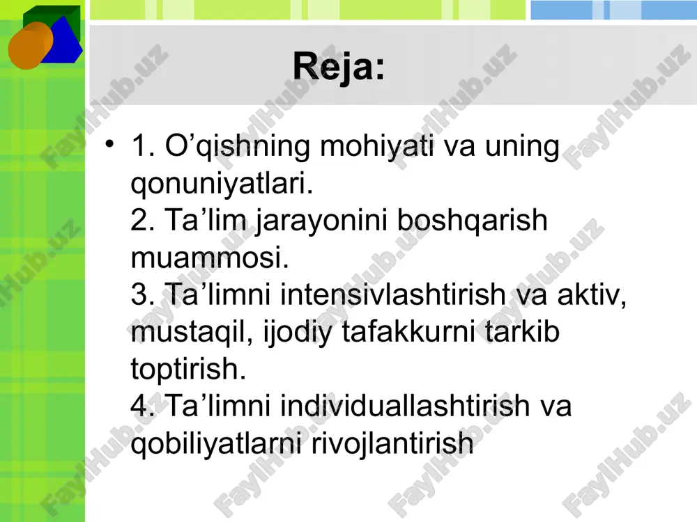 nimani butunlay esda olib qolmasdan, faqat tushunib olish kifoya qilishini, nimani so’zma-so’z esda olib qolishni, nimaning ma’nosini o’z so’zlari bilan aytib berish uchun esda olib qolish zarurligini ko’rsatib o’tishi lozim. ko’zatishlar ko’rsatadiki, bunday ko’rsatmalar berilmaganda, o’quvchilarda ko’pincha noto’g`ri tasavvurlar vujudga keladi. motivlar bevosita o’quvchi shaxsining o’sishi va rivojlanishi bilan bog`liq d.b.elkonin esa o’quv faoliyatining xususiyatlarini ko’rsatib, uni mohiyatiga, mazmuniga va o’zini namoyon bo’lish shaqliga ko’ra ijtimoiyligini ta’kidlaydi. o`quv faoliyati bu shunday faoliyatki, uning natijasida avvalo o’quvchida o’zgarish yuz beradi. uning mahsuli turli motivlar asosida, qurilgan bo’lishi darkor. bu motivlar bevosita o’quvchi shaxsining o’sishi va rivojlanishi bilan bog`liq bo’lishi kerak. o’quv faoliyati ta’lim, o’qish va o’rganish degan tushunchalar bilan bevosita bog`liqdir. o’qish va o’rgatish tushunchalari o’qish va o’rgatish tushunchalari o’quv faoliyati bilan bog`liq bo’lib, ular bilim, ko’nikma va malakalarni o’zlashtirishga, o’rgatishga xizmat qiladi. o’quv faoliyatining besh elementi mavjud: o’quv harakatlari o’qituvchining baholashi o’qituvchining nazorati o’quv topshiriqlari o’quv motivlari. ta’lim jarayoni besh …