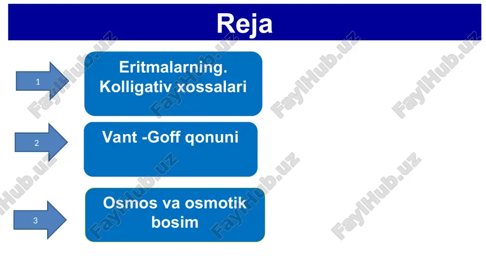 dan so`ng naychadagi suyuqlik ancha ko`tarilib qolganligi qayd kilinadi. osmos—erituvchi molekulalarining yarim o`tkazuvch membranalar orqali erituvchidan eritmaga (yoki kichik kontsentratsiyali eritmadan katta kontsentratsiyali eritmaga) o`tishidir. erituvchining membrana orqali bir tomonlama harakatlanishining sababi shuki, membrana satxining past tomoniga erituvchining molekulalari ko`p yondashadi. yuqorida esa suyuqlikning ma`lum hajmini membranadan o`ta olmaydigan erigan modda molekulalari egallagani uchun erituvchi molekulalari undan kam yondashadi. shu sababdan vaqt birligida erituvchining molekulalari pastdagiga qaraganda yuqoriga ko`prok o`tadi hozirgi zamon osmometrlari tehnik rivoglanish bilan birga hamqadam rivojlanib bormoqda. ularning asosida ham tanlab o`tkazish nazariyasi yotadi vant-goff qonuni. turli hil eritmalar uchun osmotik bosimni o`lchashda shu ma`lum bo`ldiki, osmotik bosim qiymati eritma konsentratsiyasi va haroratga bog`liq bo`lib, erigan modda va erituvchi tabiatiga bog`liq emas ekan. noelektrolitlarning suyultirilgan eritmalari uchun ularni quyidagicha ifodalash mumkin. o`zgarmas haroratda osmotik bosim erigan moddaning molyar konsentratsiyasiga to`gri proportsionaldir bu ikki qonundan shunday xulosa kelib chiqadiki, bir xil molyar konsentratsiya va haroratda turli xil noelektrolitlarning …