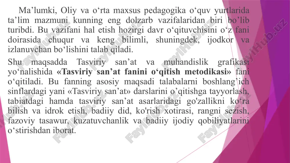foydalanish yo’llari bilan tanishtirish. tasviriy san’atni o‘qitish metodikasi, rangtasvir, san’atshunoslikni takomilashtirishda s.f.abdurasilov, a.p.sulaymonov, b.b.boymetov, s.s.bulatov, d.irgashev , sh.r.qobilov, i.b.kamolov, b.n.oripov , r.hasanov, a.r umarovlar san’atshunoslik rivojining yangi tarmog‘i rangtasvir n.axmedova, a.xakimovlar tomonidan tadqiq etilgan. mdh mamlakatlari olimlari: l.v.aksenova, a.s.belkin, n.a.dobrolyubov, s.l.kojina, v.d.nebo‘litso‘n, o.l.nekrasova-karatayeva, l.zankov, b.s.kuzin, n.n.rostovsev, m.n.sokolnikova-lar tasviriy san’at yo‘nalishini rivojlanish borasida izlanishlar olib borishgan. 5 xorijiy mamlakat olimlari: k.r.rodjers, s arieti, n fovler, j.self, l.m.spencer, d. patti, a.n.bigus, r.m thomas, m. die.fisher kabi olimlarning tadqiqotlarida pedagoglarning kasbiy salohiyatini va tasviriy san’atda ijodiy qobiliyatni rivojlantirish misolida ochib berilgan. 6 amaliy mashg‘ulotlarda talabalar qalam yordamida tasvirlashning oddiy asoslaridan boshlab murakkab narsalarni tasvirlashgacha bo’lgan chuqur bilim va amaliy malakalami o‘zlashtiradi, rangtasvir va kompozitsiya bo‘limlarida rang bilan ishlash xususiyatlarini amalda bajarish, badiiy asarlarga esa illyustratsiyalar ishlashni o‘rganadilar. shuningdek, umumta’lim maktablarining boshlang‘ich sinf dasturlariga muvofiq talabalar mavzuli-tasvirli rejalar, dars turlariga ishlanmalar tuzadi, ularga didaktik materiallar tayyorlaydi hamda badiiy bezak san’ati va amaliy grafik ishlar, …