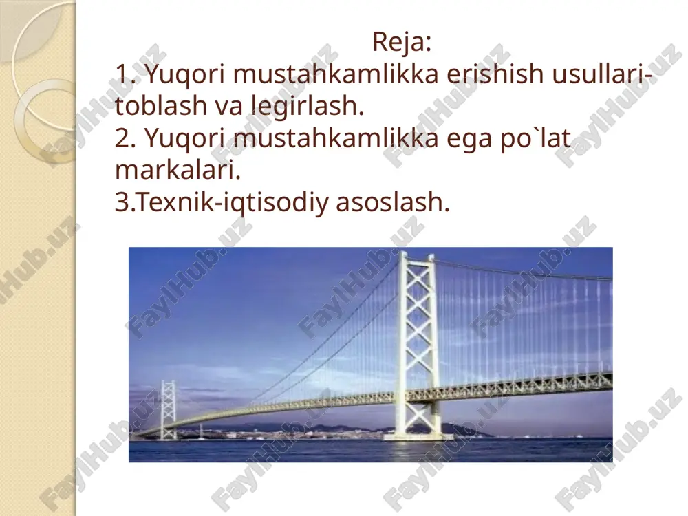 yuqori po`latlar asosan qo`llanilmaydi, chunki qurilish konstruksiyasi uchun muhim bo`lgan payvandlanuvchanlikka salbiy ta`sir ko`rsatadi. po`lat markasi namunasidagi sonlar va harflar nimani anglatadi? qurilishda metall konstruksiyalar uchun po`lat markasini tanlash qurilishda u yoki bu turdagi po`latning qo`llanilishi qmq 2.03.05-97 “po`lat konstruksiyalar” ga asosan bino yoki inshoot konstruksiyalarining javobgarlik darajasiga va ularni ekspluatatsiaya qilish sharoitlariga bog`liq ravishda amalga oshiriladi.po`latning markasini tanlashda loyihalashning asosiy prinsiplariga rioya qlish kerak: konstruksiyaning ishonchliligini ta`minlash; po`latni iqtisod qilish po`latning markasini tanlash quyidagilarga bog`liq: bino va inshoot konstruksiyasining javobgarlik darajasiga; qurilish joyining klimatik sharoitlariga; konstruksiya qo`llanilayotgan muhitning harorati va namligiga; yuklanish xarakteriga- statik, dinamik, o`zgaruvchan yo`nalishli; kuchlanish holatining turiga – bir o`qli, tekis va hajmiy kuchlanish; kuchlanish darajasiga – konstruksiyaga qo`yilgan kuchlarning katta - kichikligi; elementlarni biriktirish usuliga – payvand yoki boltli birikmalar; prokatning qalinligiga; qo`zg`aluvchi va silkituvchi yuklarning dinamik ta`sirlari ostida ishlovchi hamda past harorat ta`sirida ishlovchi payvand konstruksiyalar uchun vmst.3sp, m16s markali sokin po`latlar, ijobiy sharoitlarda …