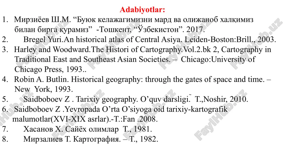 iy tomonidan tarixiy iqtisodiy mazmundagi 1918-19 yillarga bag'ishlangan "rus tarix atlasi" bosilib chiqadi. bu atlasning xaritalari bo`limlarga bo`lingan: feodalizmgacha bo`lgan rus, rus feodalizmi davri, sado kapitalizmi davri, iglab chiqarish kapitalizmi davri, ishlab chiqarish kapitalizmi davri kabi pokrovskiyning nazariyasiga asoslanadi. tarixiy xaritalar 1937 yilda tashkil etilgan jahonning "katta sovet atlasi" ga kiritildi. urushdan keyingi davrda geodeziya va kartografiya bosh boshqarmasi tomonidan sitemali tarzda, o`rta va oliy maktablar uchun qadimgi dunyo, o`rta asrlar va yangi tarix bo`yicha tarixiy xaritalar chiqarib turildi. shu bilan birga yangi tarixiy-iqtisodiy xaritalar tuzildi. masalan, "rossiyaning xvii asr oxiridagi iqtisodiy xaritasi", "1861-1900 yillarda rossiya imperiyasida kapitalizmning rivojlanishi", "xx asr boshida evropa rossiyasining ishlab chiqarish munosabatlari va er egaligi". yirik kartografik nashrlar orasida 1946 yilda chop etilgan, l.g. beskrovniyning "pruss harbiy tarixi sxemasi xaritalari atlasi" alohida ajralib turadi. urushlarni borish usulini tasvirlab beruvchi harbiy-iqtisodiy xaritalar 1958 yilda tuzilgan. dengiz atlasiga kiritilgan. bundan tashqari anchagina tarixiy geografik atlaslar chiqarilgan. urushdan …