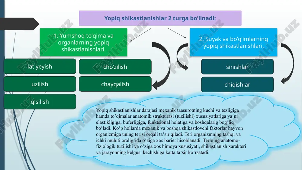 stritlar, enteritlar, buyrak kasalliklari ham terining himoya koʼrsatkichining pasayib ketishiga sharoit yaratadi. terida kuzatiladigan patologik oʼzgarishlarni oʼz vaqtida aniqlash, yopiq shikastlanishlar jarayonida, davolashni toʼgʼri tashkil qilishga imkoniyat yaratadi. gematoma – koʼproq yumshoq biriktiruvchi toʼqimalar orasiga yopiq qon quyyulish boʼlib, qonga toʼlgan patologik boʼshliqlar hosil boʼlishiga aytiladi. gematomalar lat yeyishning ikkinchi darajasida, suyaklar singanda otilgan jarohatlarda, arteriya va katta qon tomirlarining butunligi buzilganda, tomirlarni katta diametrli ignalar bilan teshib qon olganda qon oqishlar toʼliq toʼxtatilmaganda kuzatiladi. gematoma kelib chiqishiga qarab 4. pulsatsiya beruvchi 3. aralash 2. venozli 1. arterial joylashishiga qarab teri osti fastsiya osti mushak oraligʼi organlar ichida bosh suyagi boʼshliqlarida qorin boʼshligʼida boʼgʼim ichida tarqalishiga qarab chegaralangan diffuzli har xil kattalikda boʼladi klinik belgilari. yuza joylashgan gematomalarda, shikastlanishdan keyin har xil kattalikdagi yarim oysimon shaklda flyuktatsiya beruvchi shish hosil boʼladi, teri taranglashadi, ogʼriydi, tirnalgan, baʼzida pulsatsiya beradi. 4-5 kundan keyin shishning markazida flyuktatsiya kuzatilib, pastki tomonida fibrinozli gʼijirlash, chegarasida …