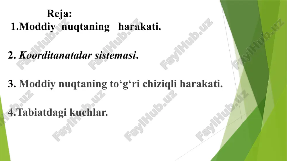 vaqtlar oraliqlaridan bir xilda ko‘chishiga to‘g‘ri chiziqli tekis harakat deb ataladi. 4.tabiatda elastiklik, elektr, magnit, elektromagnit, gravitatsion, og’irlik kuchlari mavjud. kuchlarni ta’sir va aks ta’sir yoki qarshilik kuchlar (ishqalanish reaktsiya kuchlar) iga ajratish mumkin. kuch vektor kattalikdir. u son miqdori va yo’lanishi bilan xarakterlanadi. kuchlar parallelogram qoidasiga ko’ra qo’shiladi. kuch statik va dinamik usulda o’lchanadi. statik usulda (prujinali tarozi, dinamometr, boshqa tarozilar yordamida) ma’lum kuchga solishtirish orqali, dinamik usulda esa m massali jismga bergan tezlanishi a ni topish orqali aniqlanadi. kuchning si sistemasidagi birligi 1 nyuton (n) bo’lib, 1kg massali jismga 1ms2 tezlanish beruvchi kuchga teng. image1.png image2.wmf oleobject1.bin image3.png image4.png t s r r = u /docprops/thumbnail.jpeg